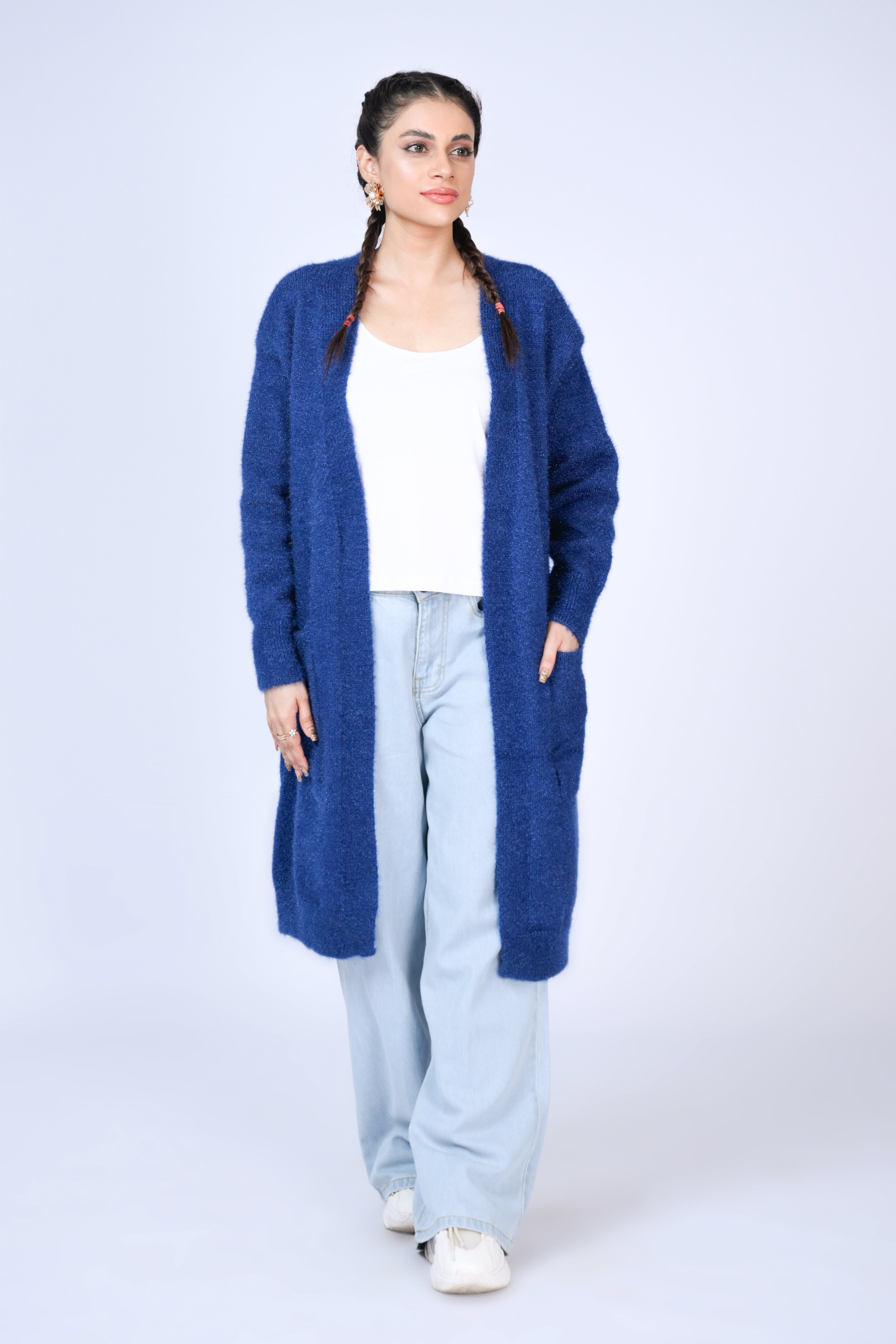Longline Fuzzy Knit Cardigan in Royal Blue Reality