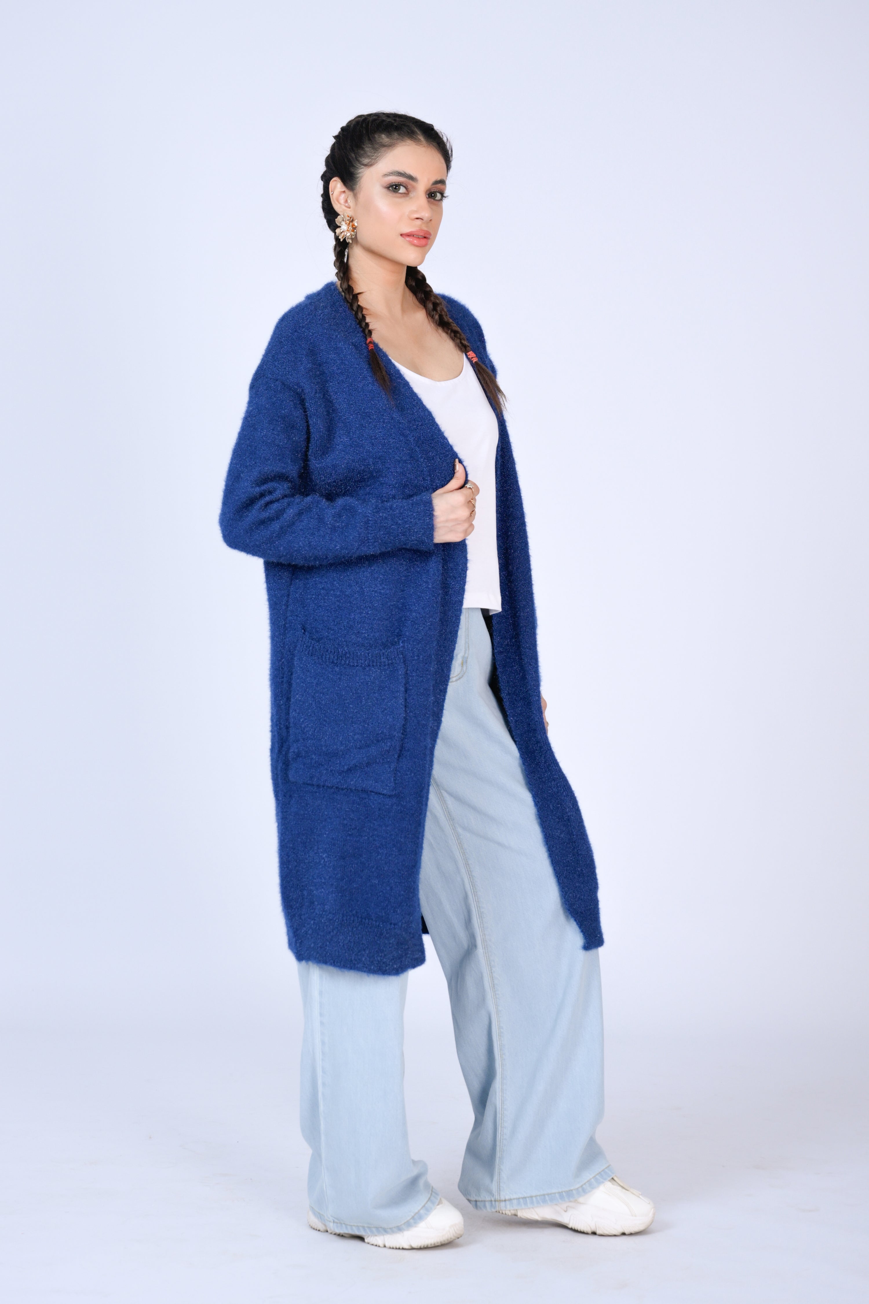 Longline Fuzzy Knit Cardigan in Royal Blue Reality