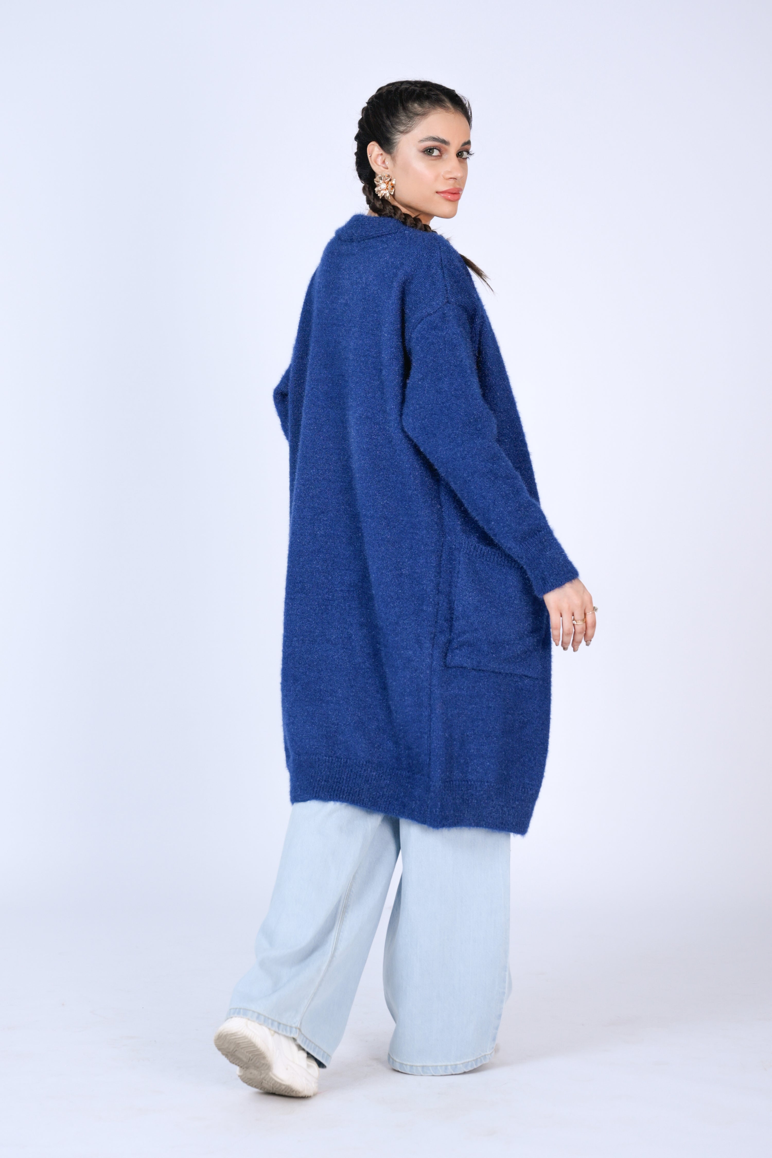Longline Fuzzy Knit Cardigan in Royal Blue Reality