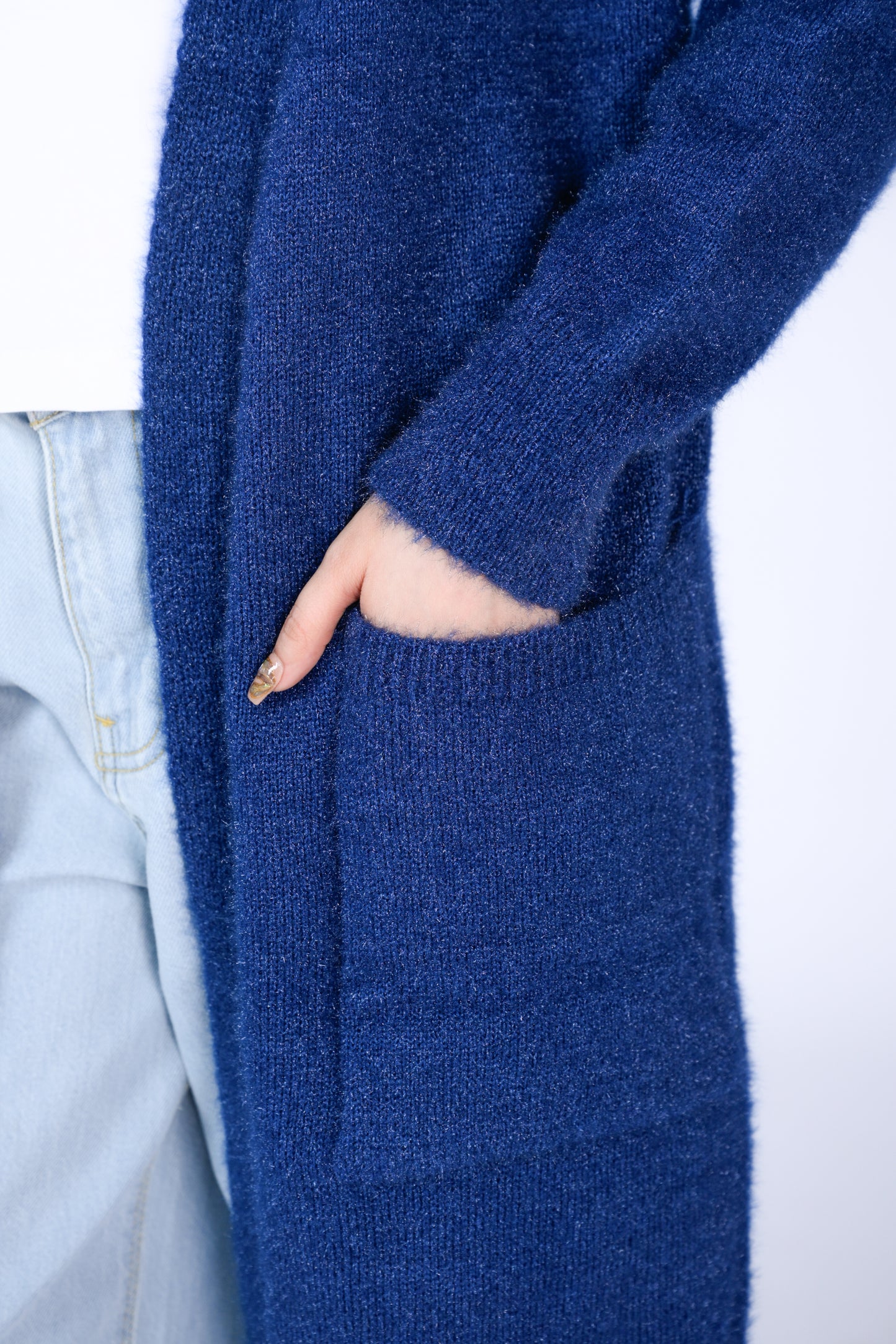 Longline Fuzzy Knit Cardigan in Royal Blue Reality
