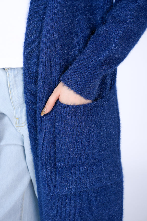 Longline Fuzzy Knit Cardigan in Royal Blue Reality