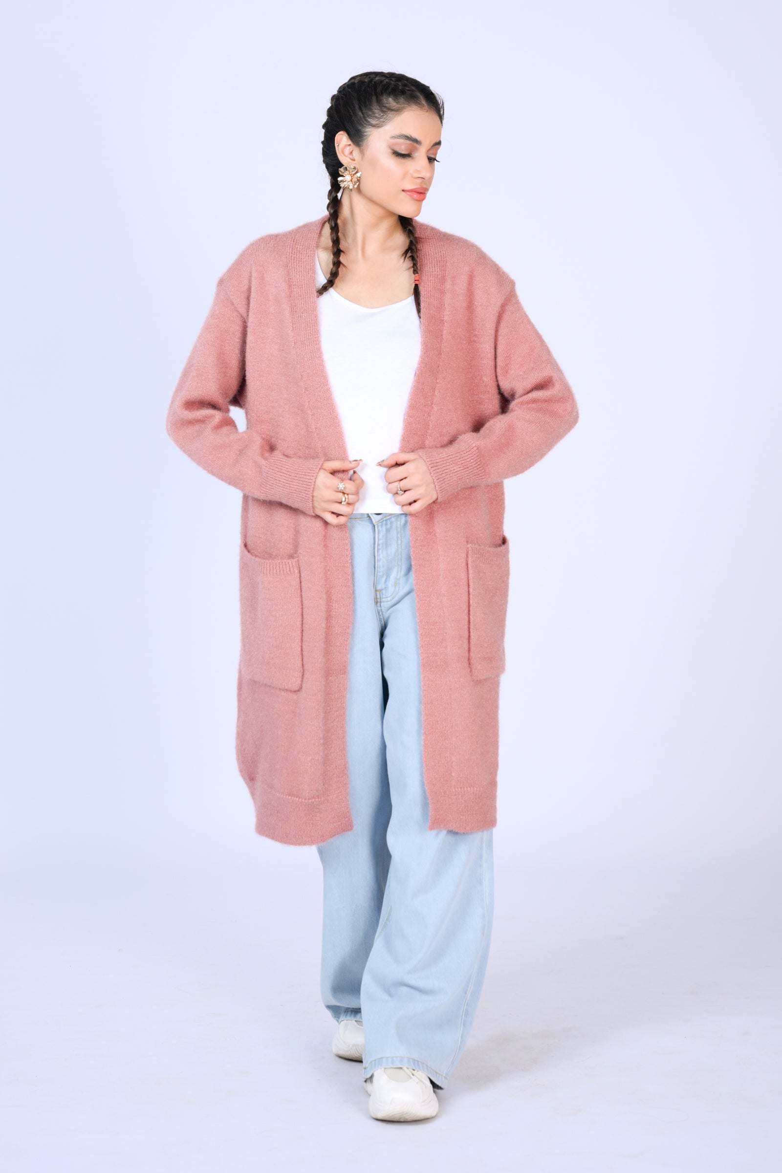 Longline Fuzzy Knit Cardigan in Dusty Rose Reality