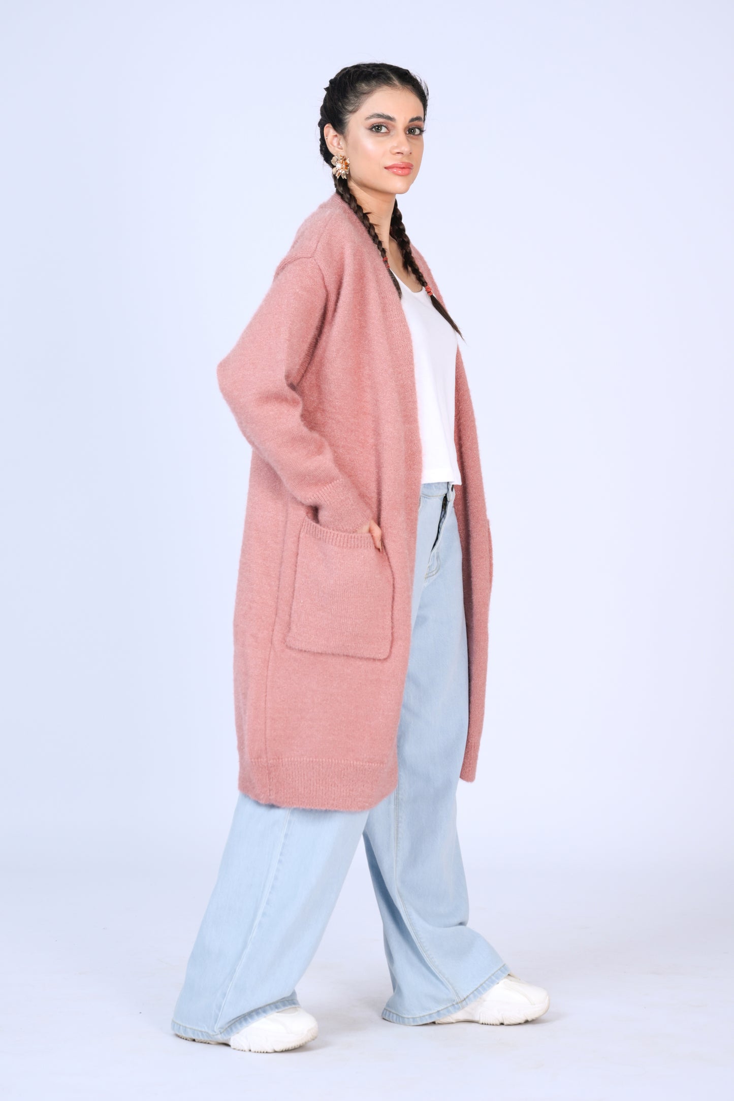 Longline Fuzzy Knit Cardigan in Dusty Rose Reality