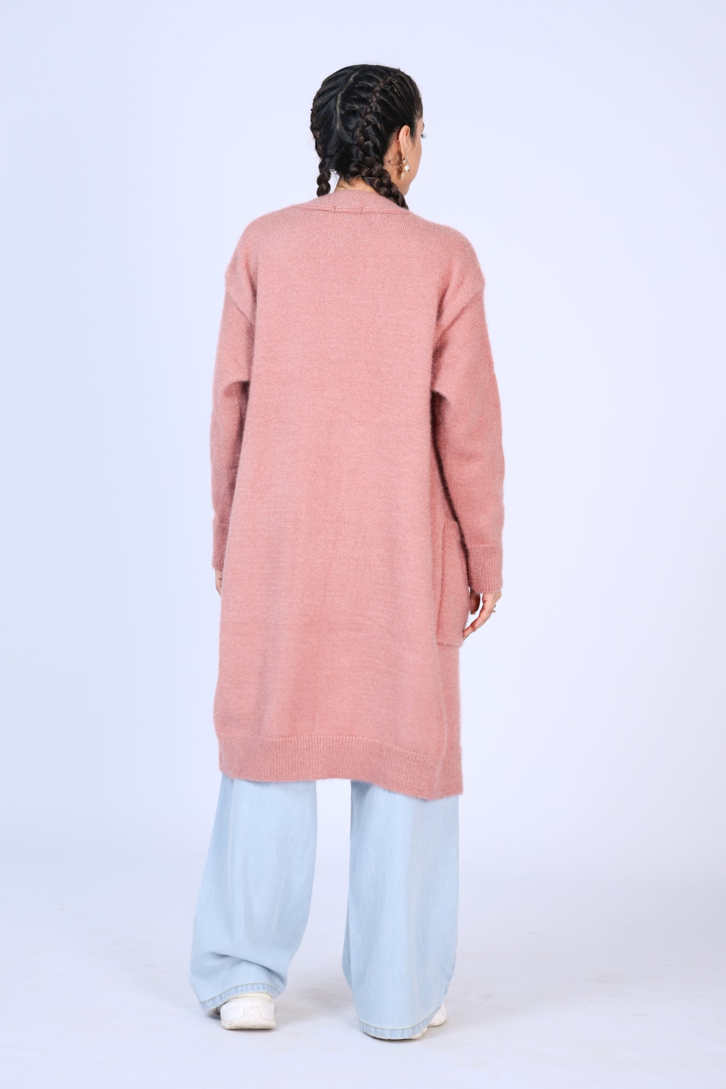 Longline Fuzzy Knit Cardigan in Dusty Rose Reality