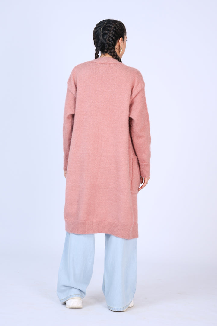 Longline Fuzzy Knit Cardigan in Dusty Rose Reality