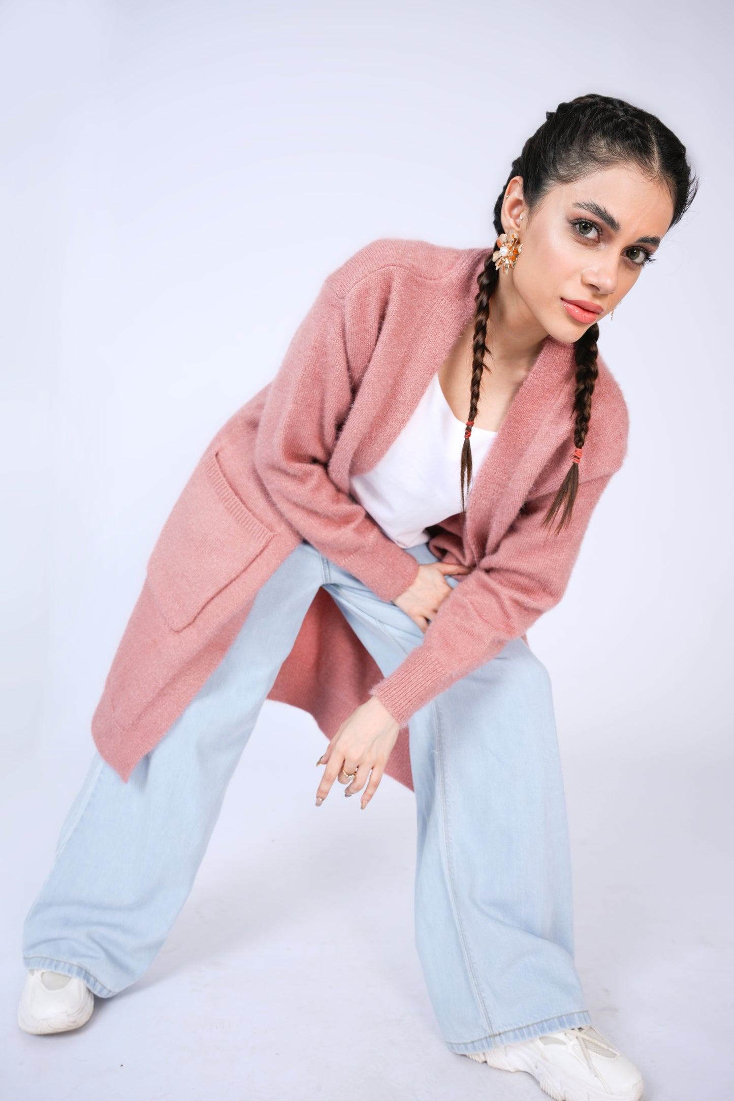 Longline Fuzzy Knit Cardigan in Dusty Rose Reality