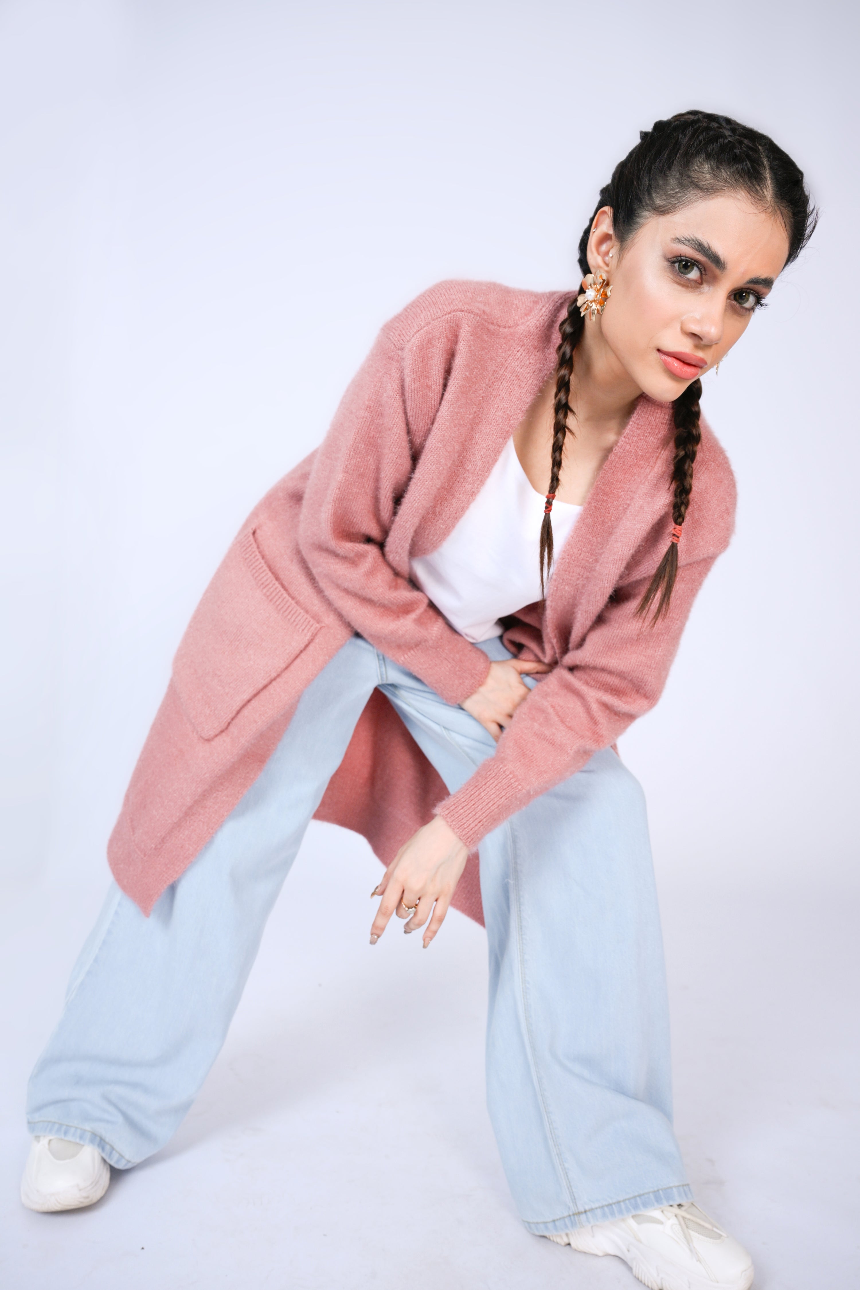 Longline Fuzzy Knit Cardigan in Dusty Rose Reality