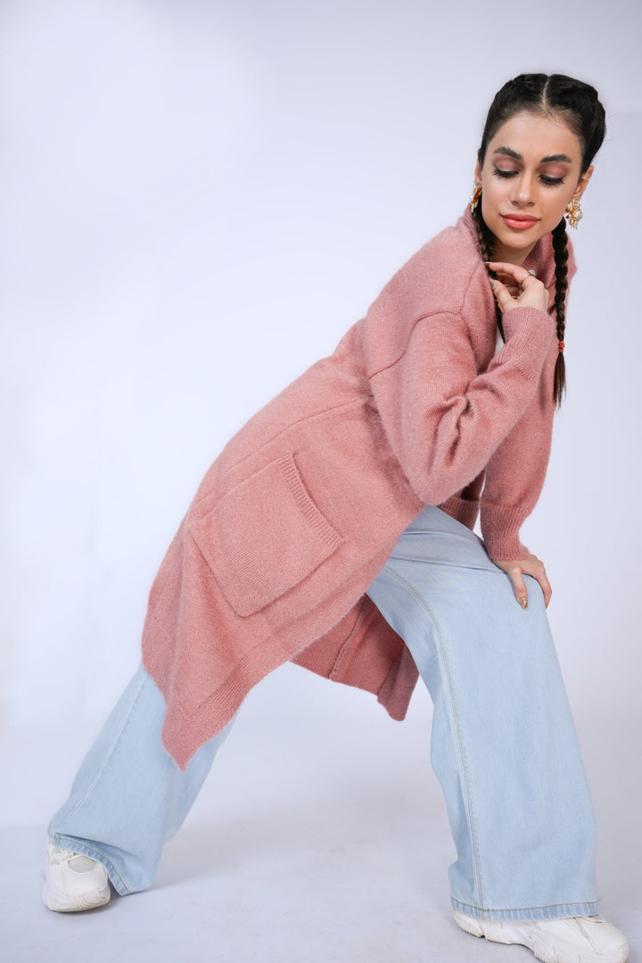 Longline Fuzzy Knit Cardigan in Dusty Rose Reality