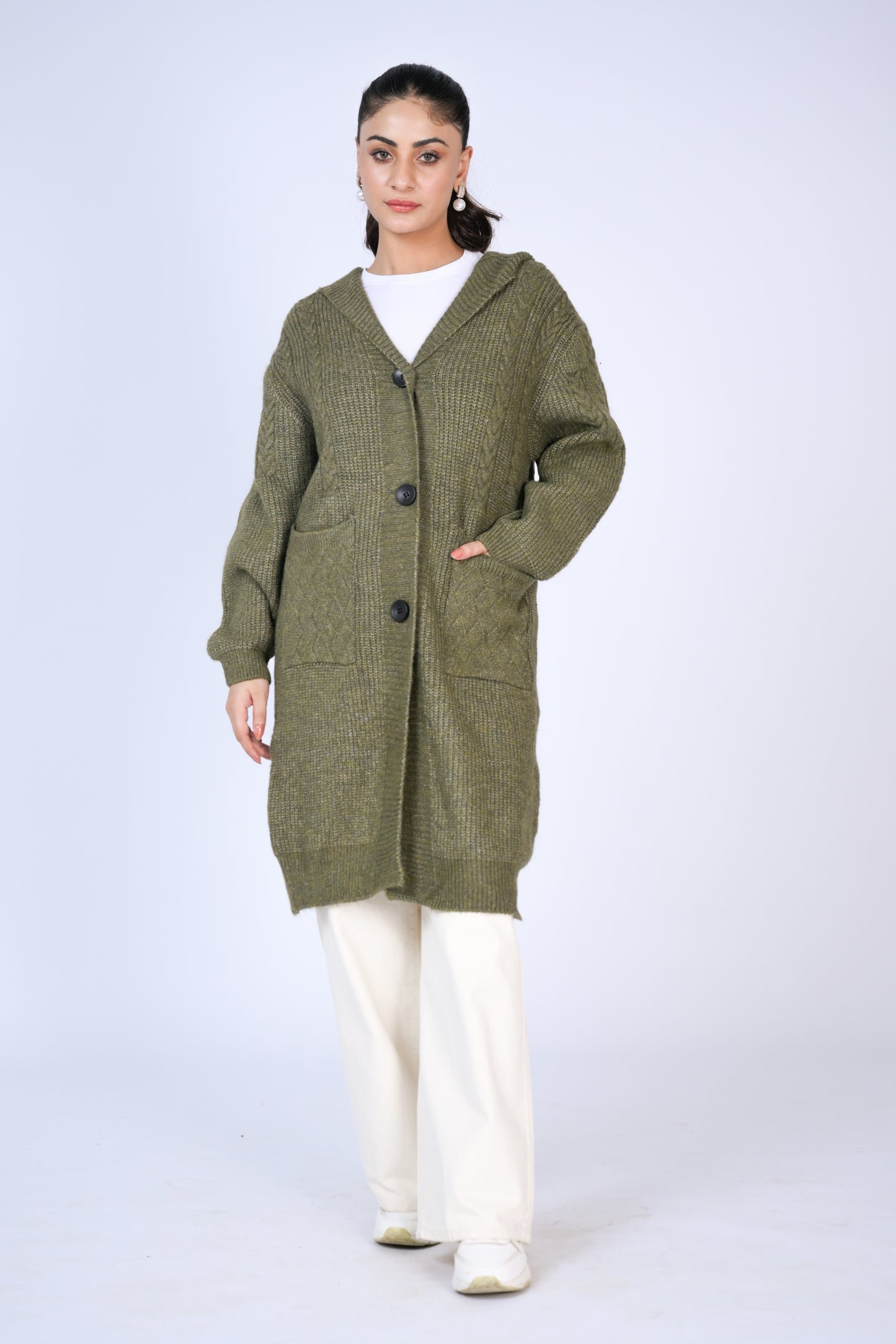 Olive Comfort: Hooded Knit Cardigan with Front Pockets Reality