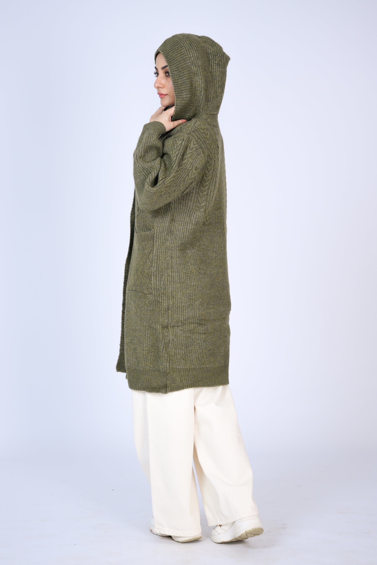 Olive Comfort: Hooded Knit Cardigan with Front Pockets Reality