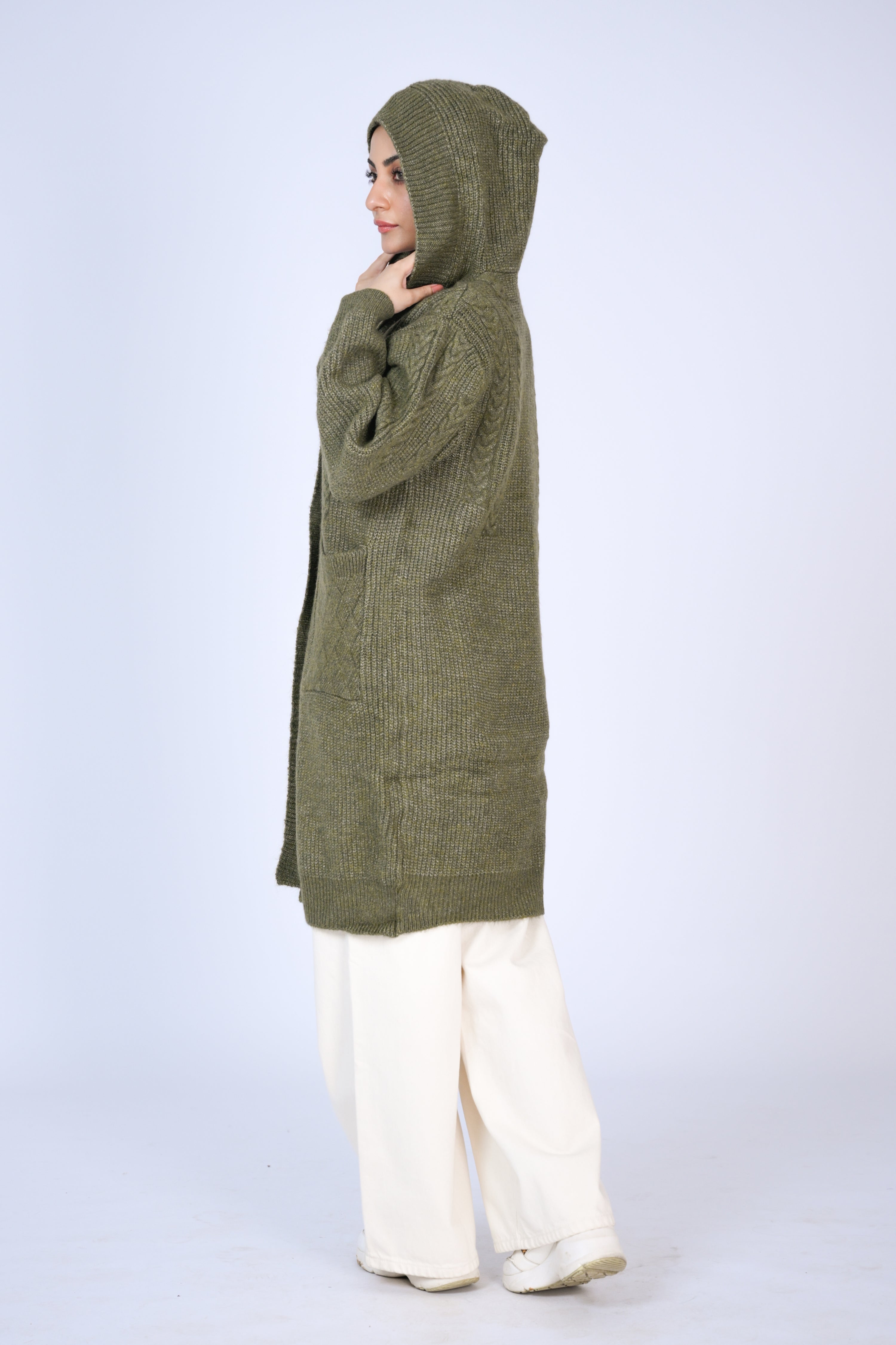 Olive Comfort: Hooded Knit Cardigan with Front Pockets Reality