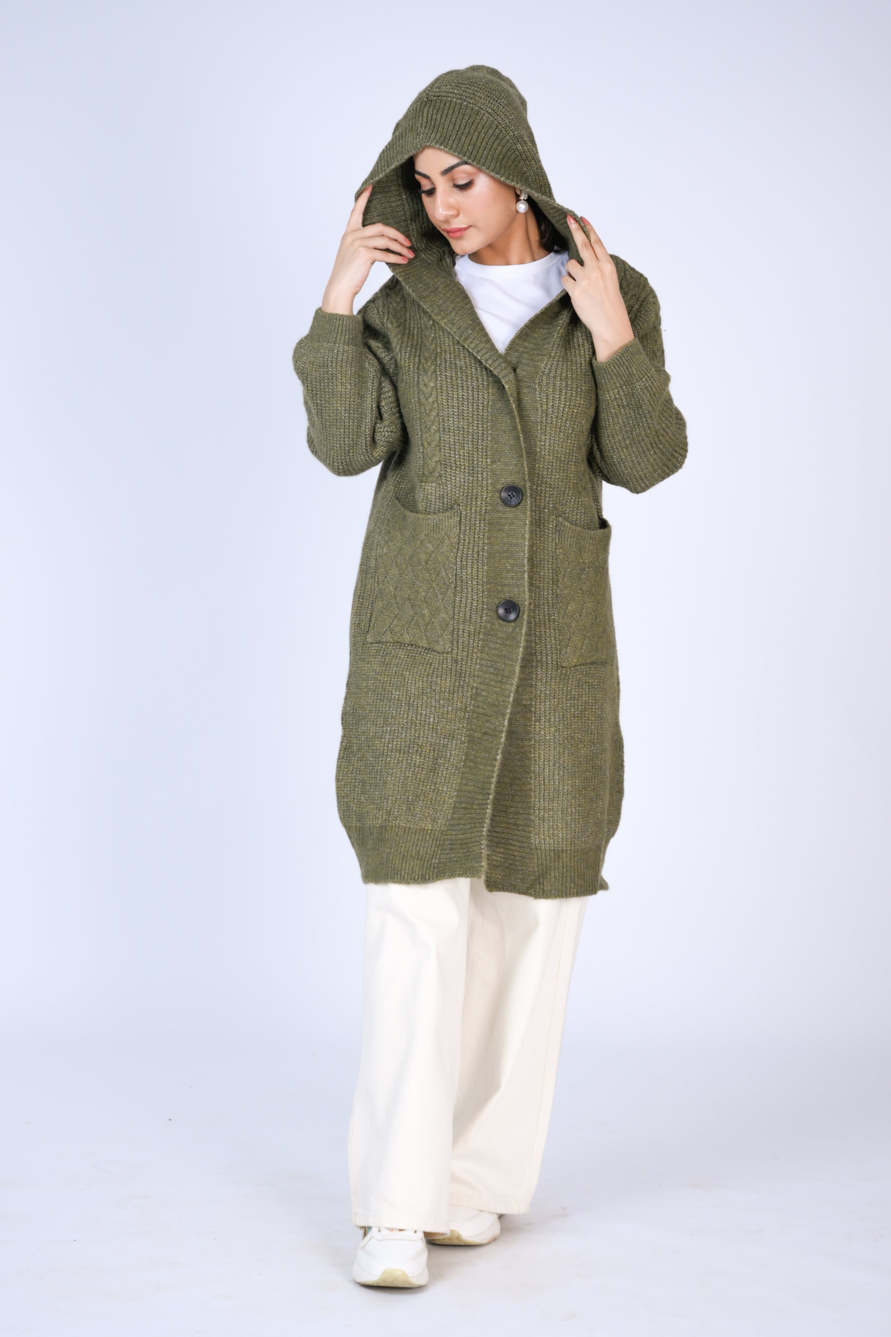 Olive Comfort: Hooded Knit Cardigan with Front Pockets Reality