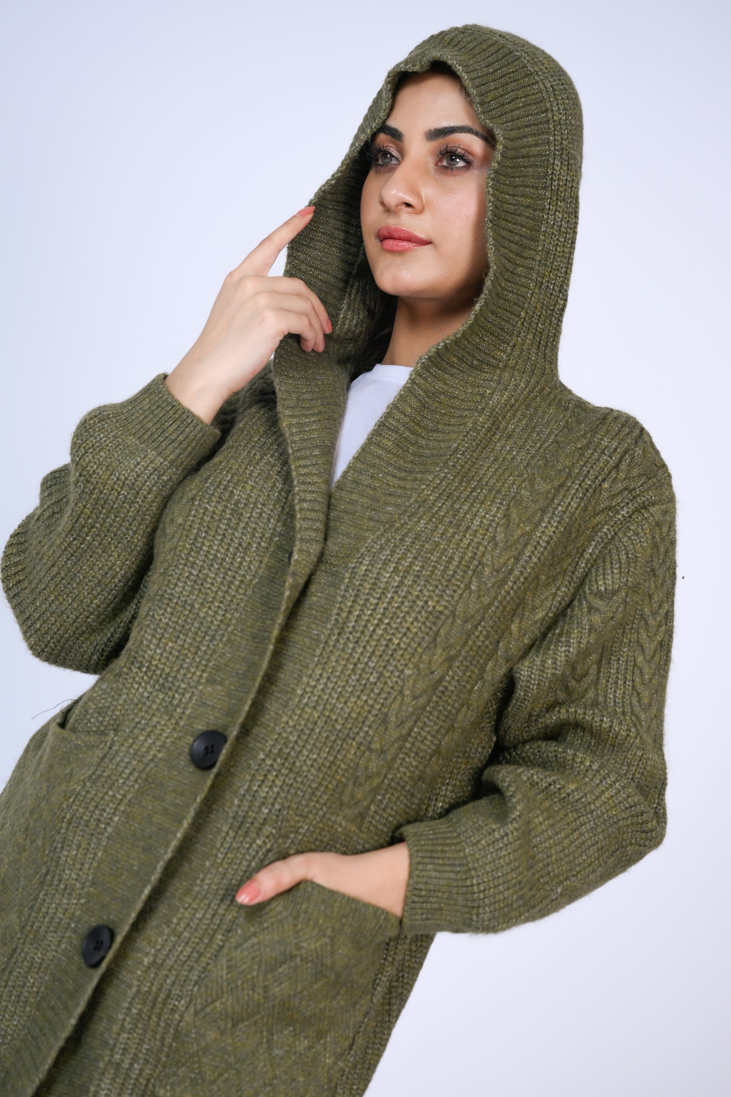 Olive Comfort: Hooded Knit Cardigan with Front Pockets Reality