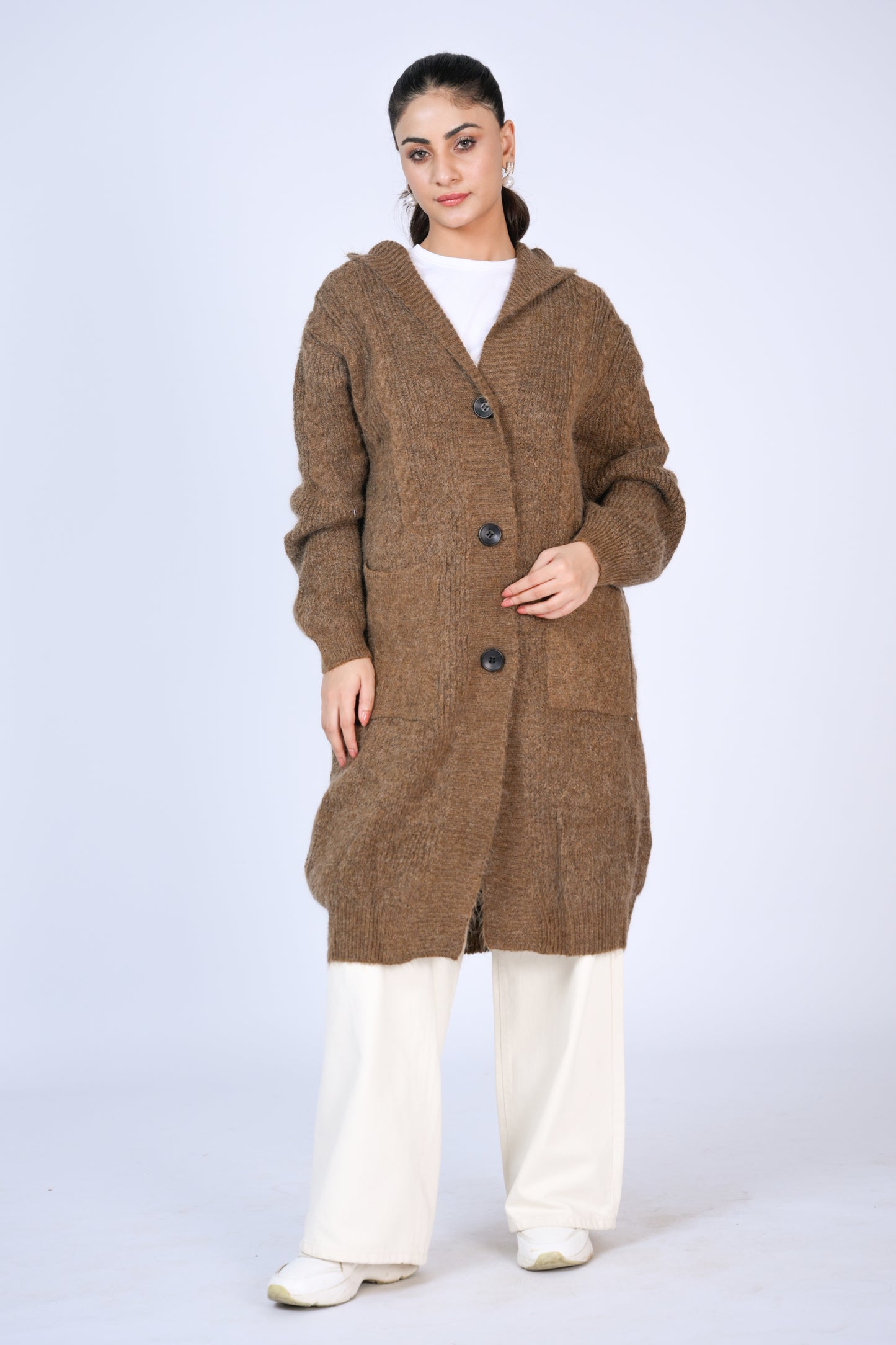 Cozy Elegance: Long Knit Hooded Cardigan in Earthy Brown Reality