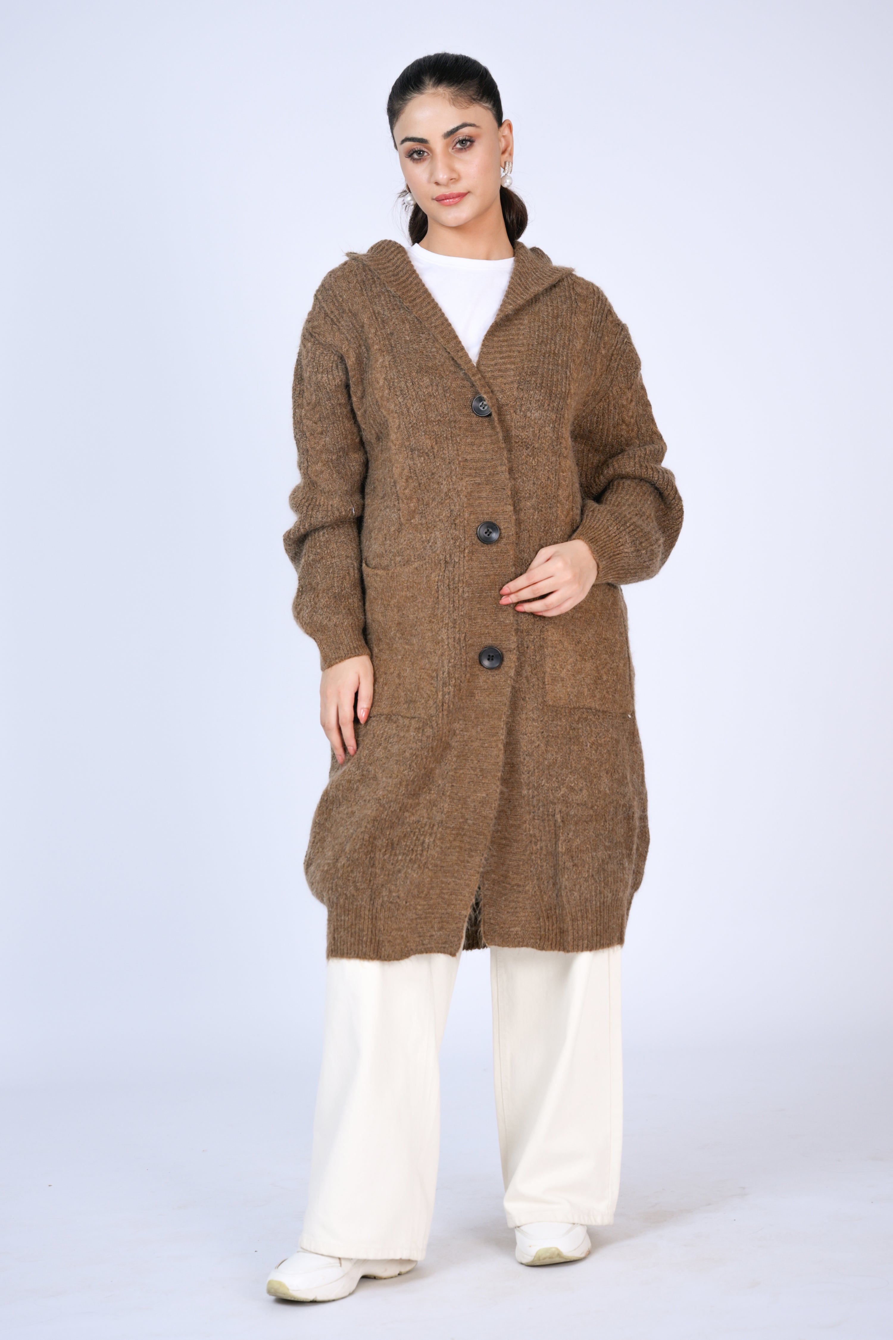 Cozy Elegance: Long Knit Hooded Cardigan in Earthy Brown Reality