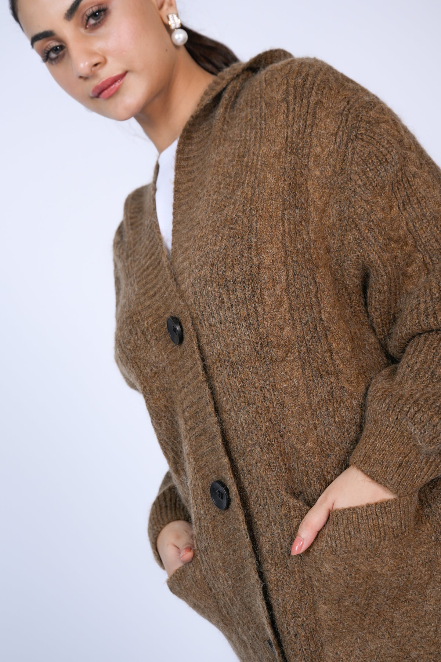 Cozy Elegance: Long Knit Hooded Cardigan in Earthy Brown Reality