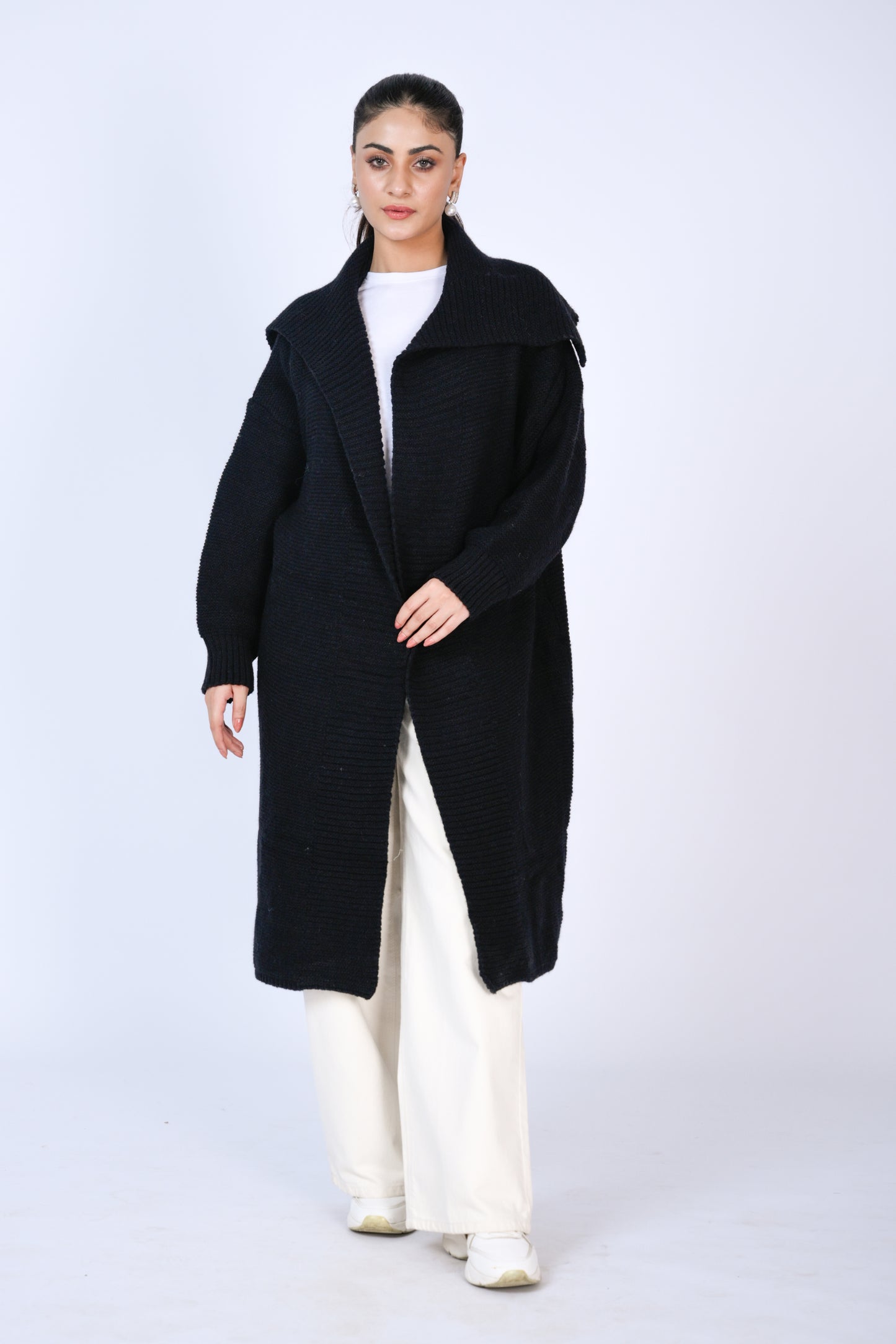 Black Ribbed Long Cardigan with Shawl Collar Reality