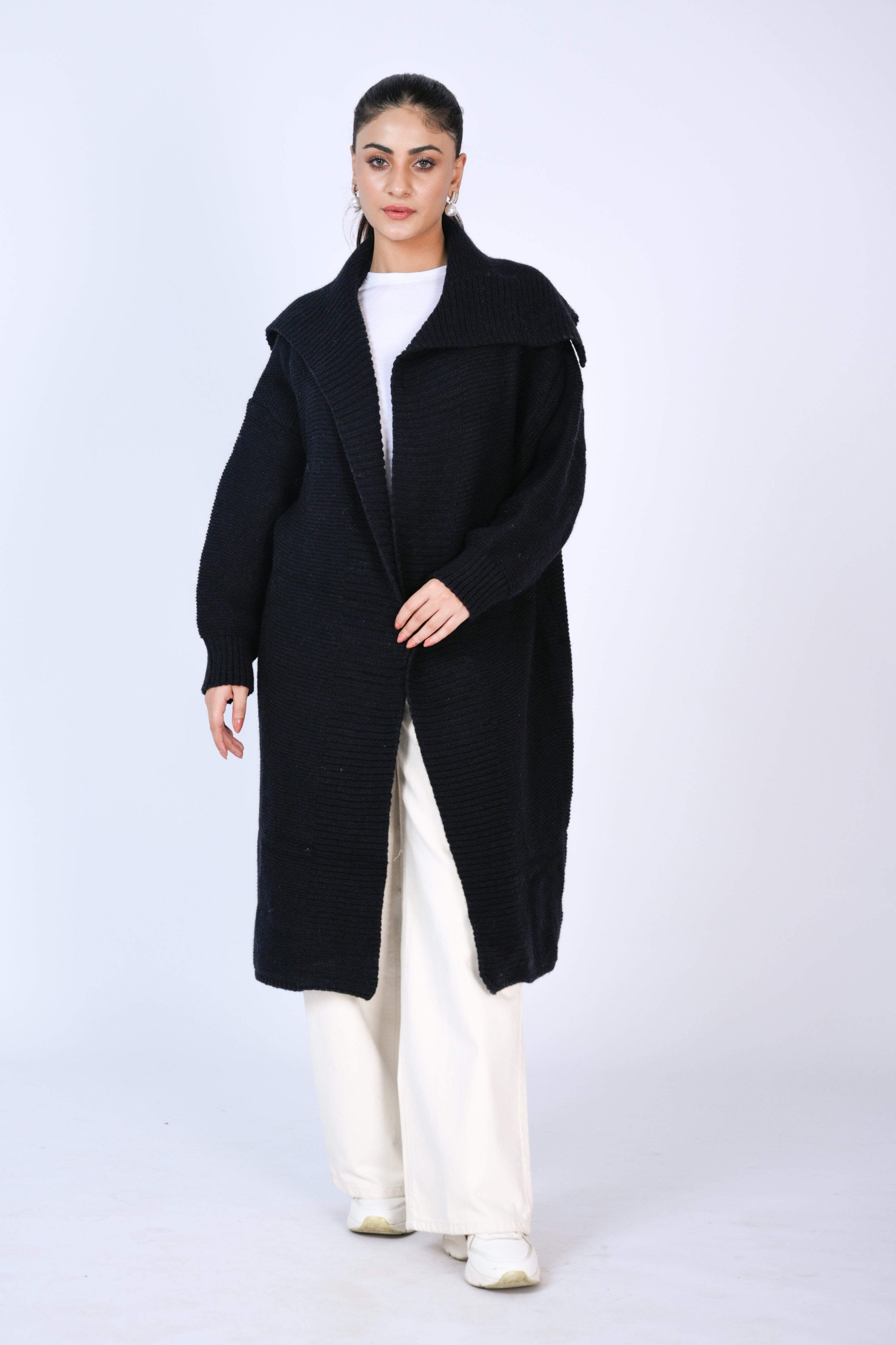Black Ribbed Long Cardigan with Shawl Collar Reality