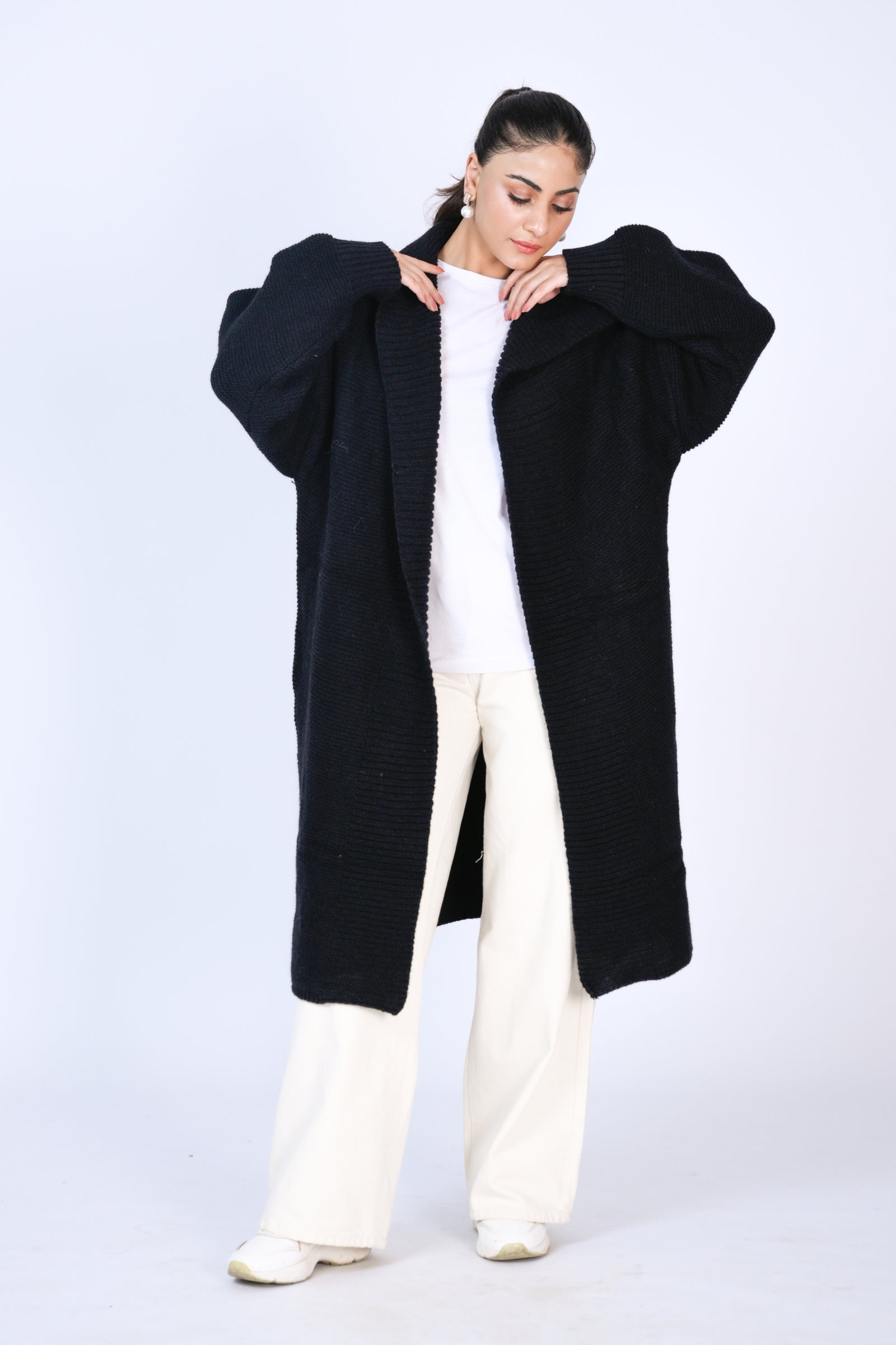 Black Ribbed Long Cardigan with Shawl Collar Reality