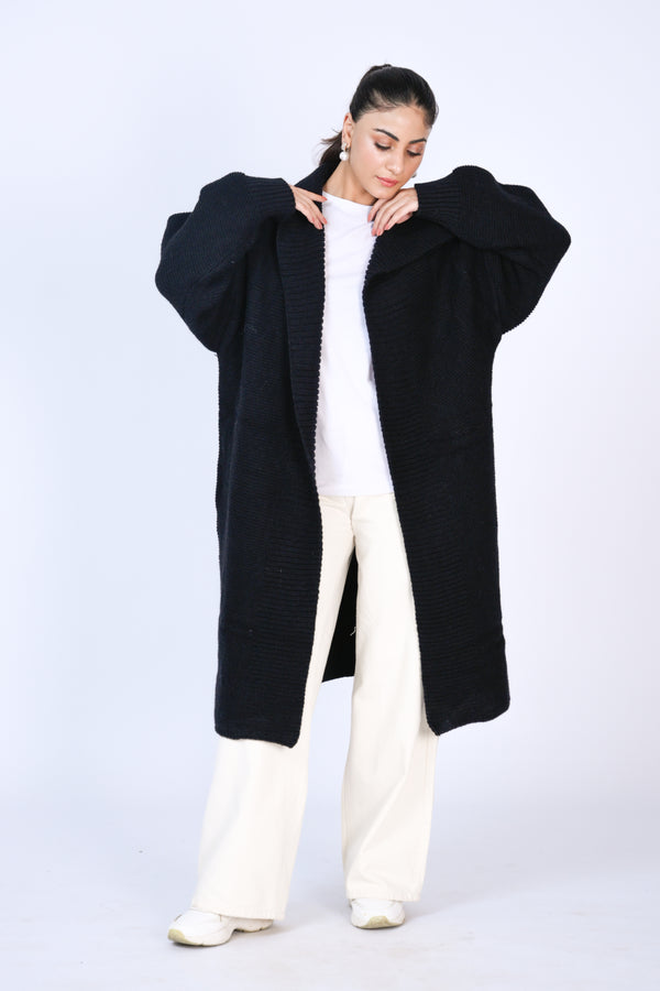 Black Ribbed Long Cardigan with Shawl Collar