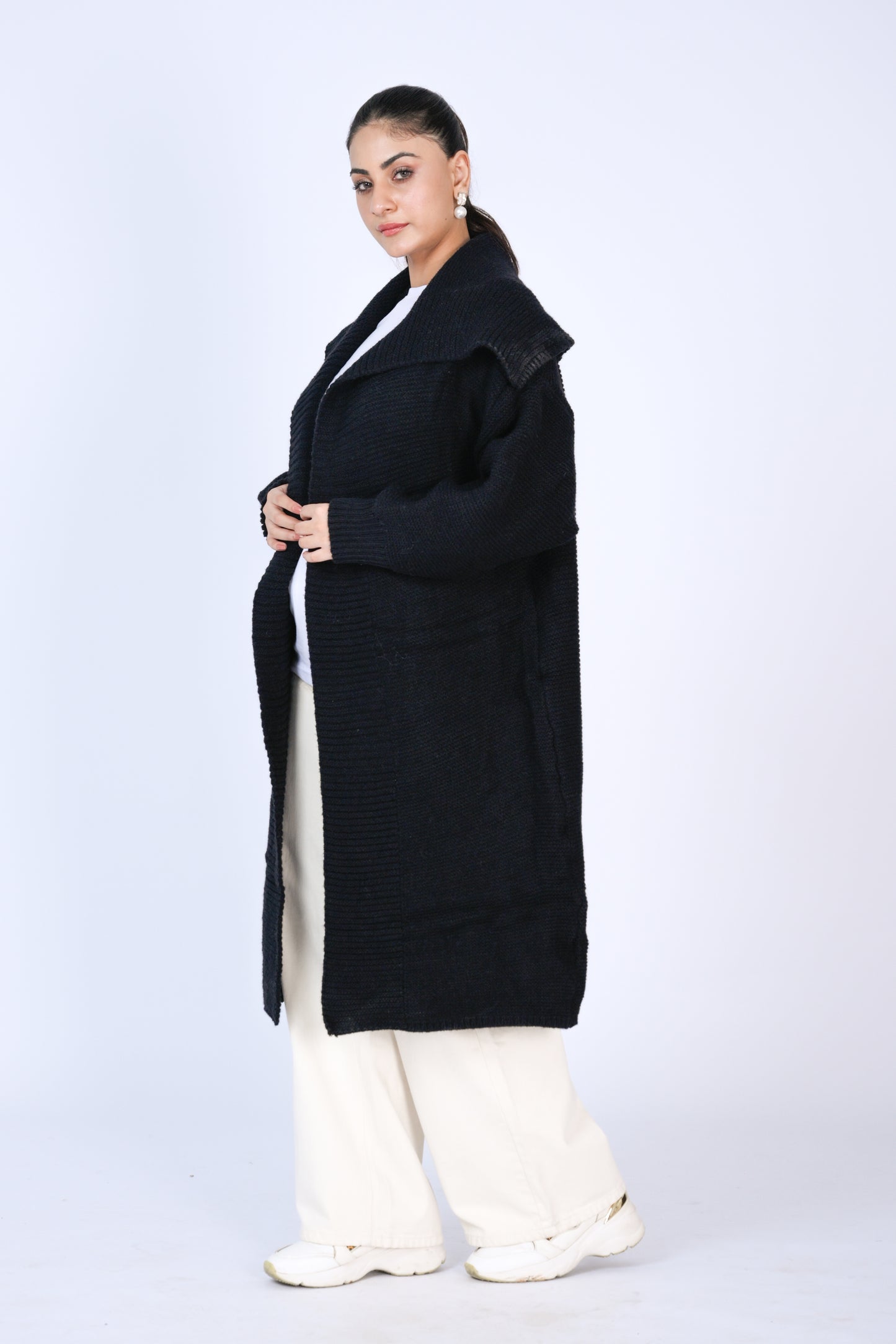 Black Ribbed Long Cardigan with Shawl Collar Reality