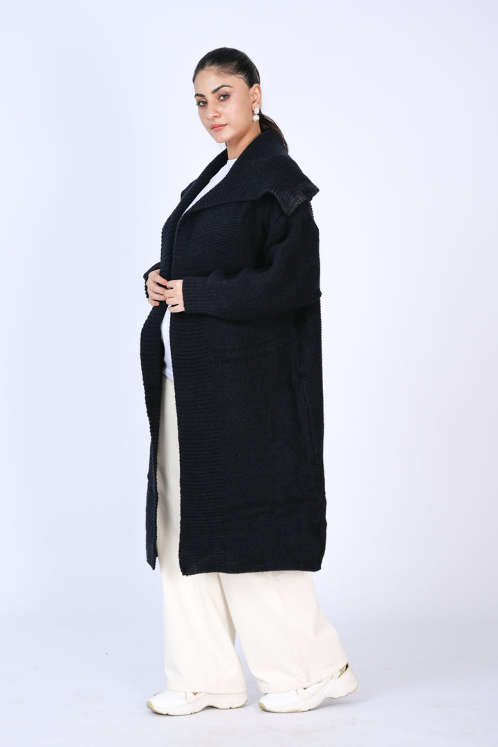 Navy Ribbed Long Cardigan with Shawl Collar Reality
