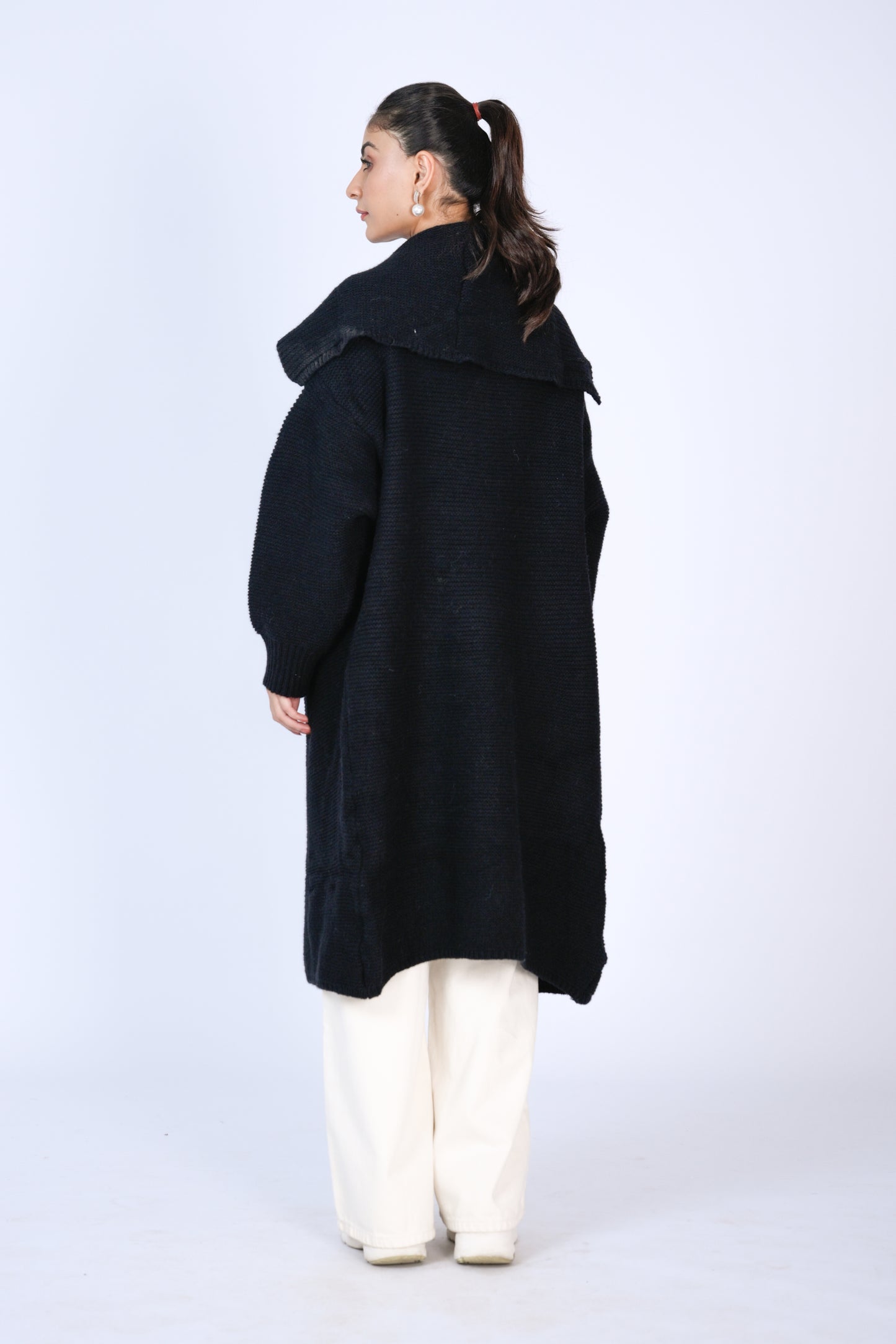 Black Ribbed Long Cardigan with Shawl Collar Reality