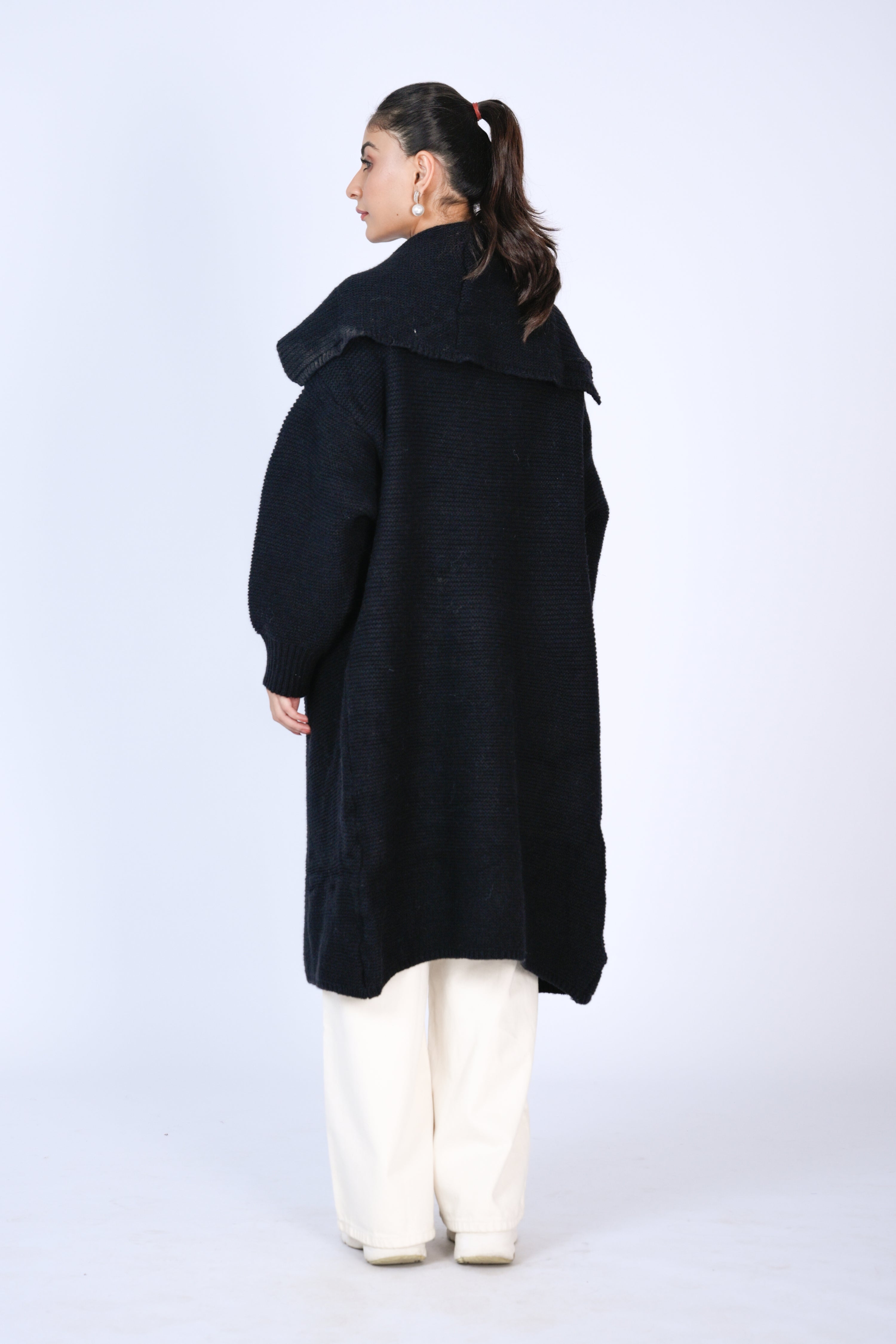 Black Ribbed Long Cardigan with Shawl Collar Reality
