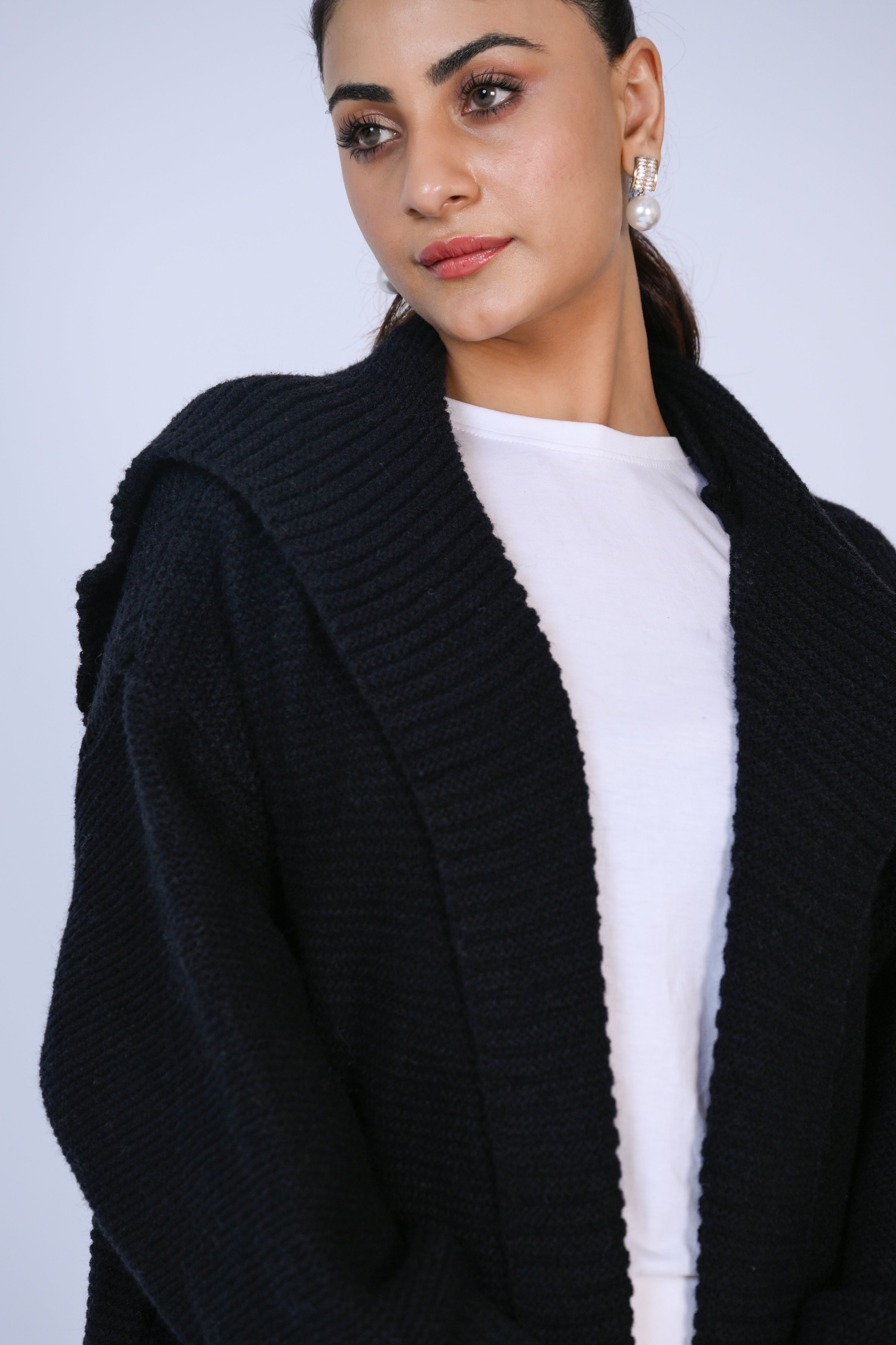 Black Ribbed Long Cardigan with Shawl Collar Reality
