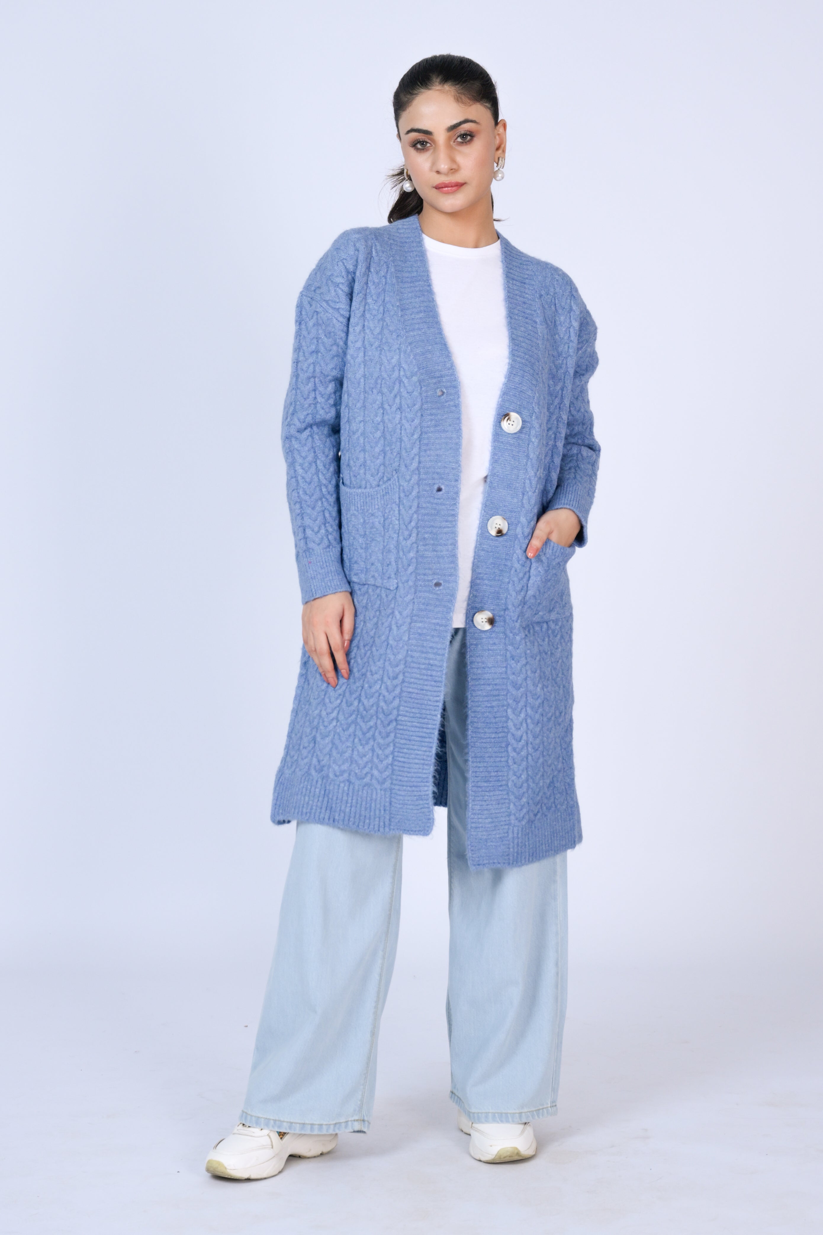 Longline Cable Knit Cardigan with Buttons in Sky Blue Reality