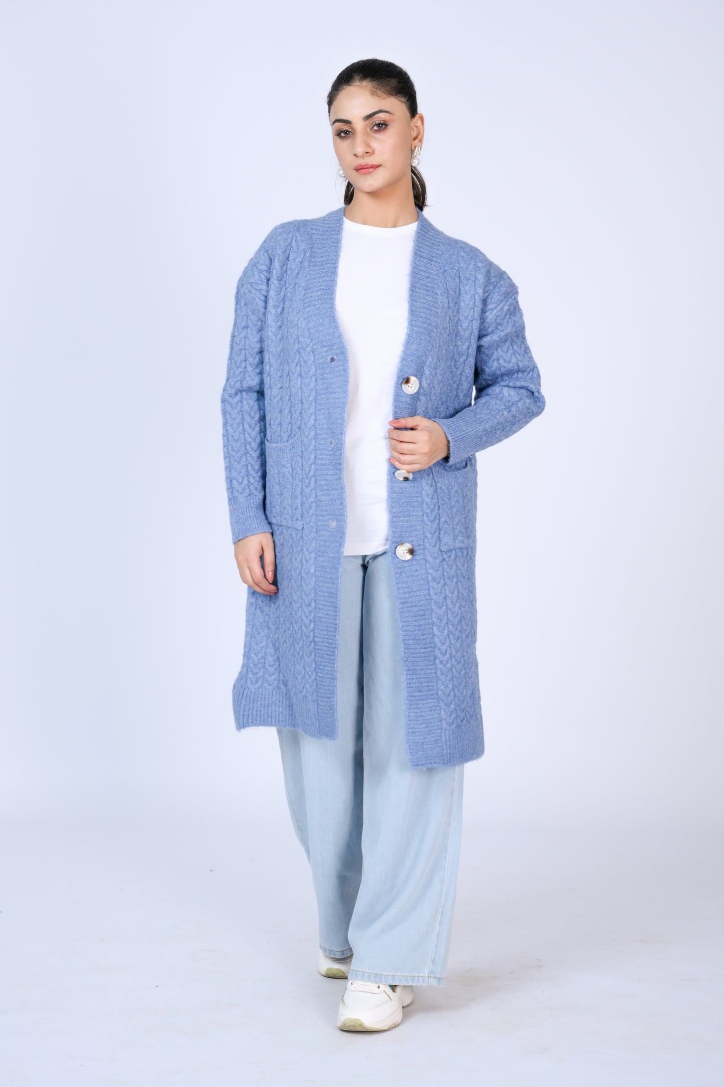 Longline Cable Knit Cardigan with Buttons in Sky Blue Reality
