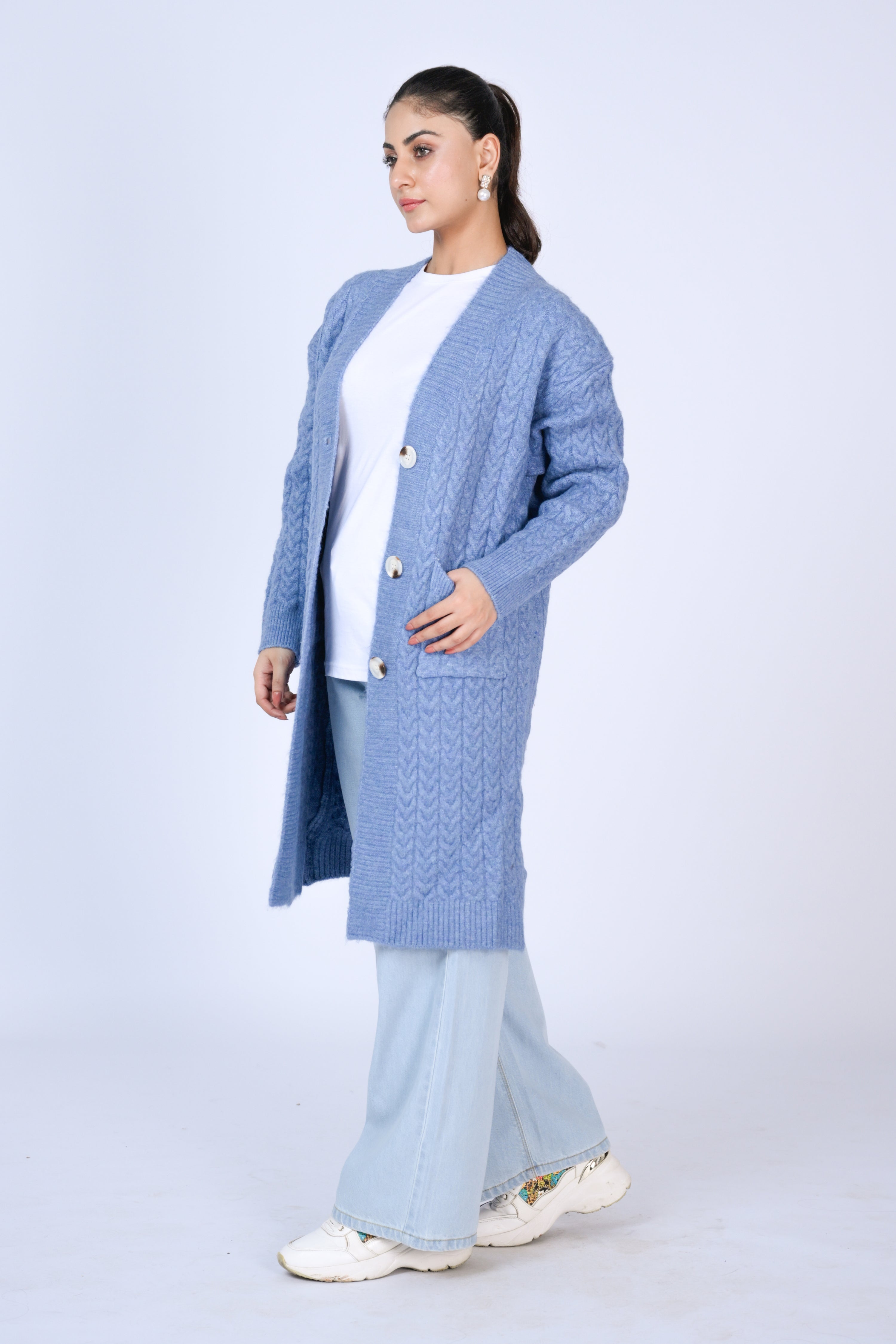 Longline Cable Knit Cardigan with Buttons in Sky Blue Reality