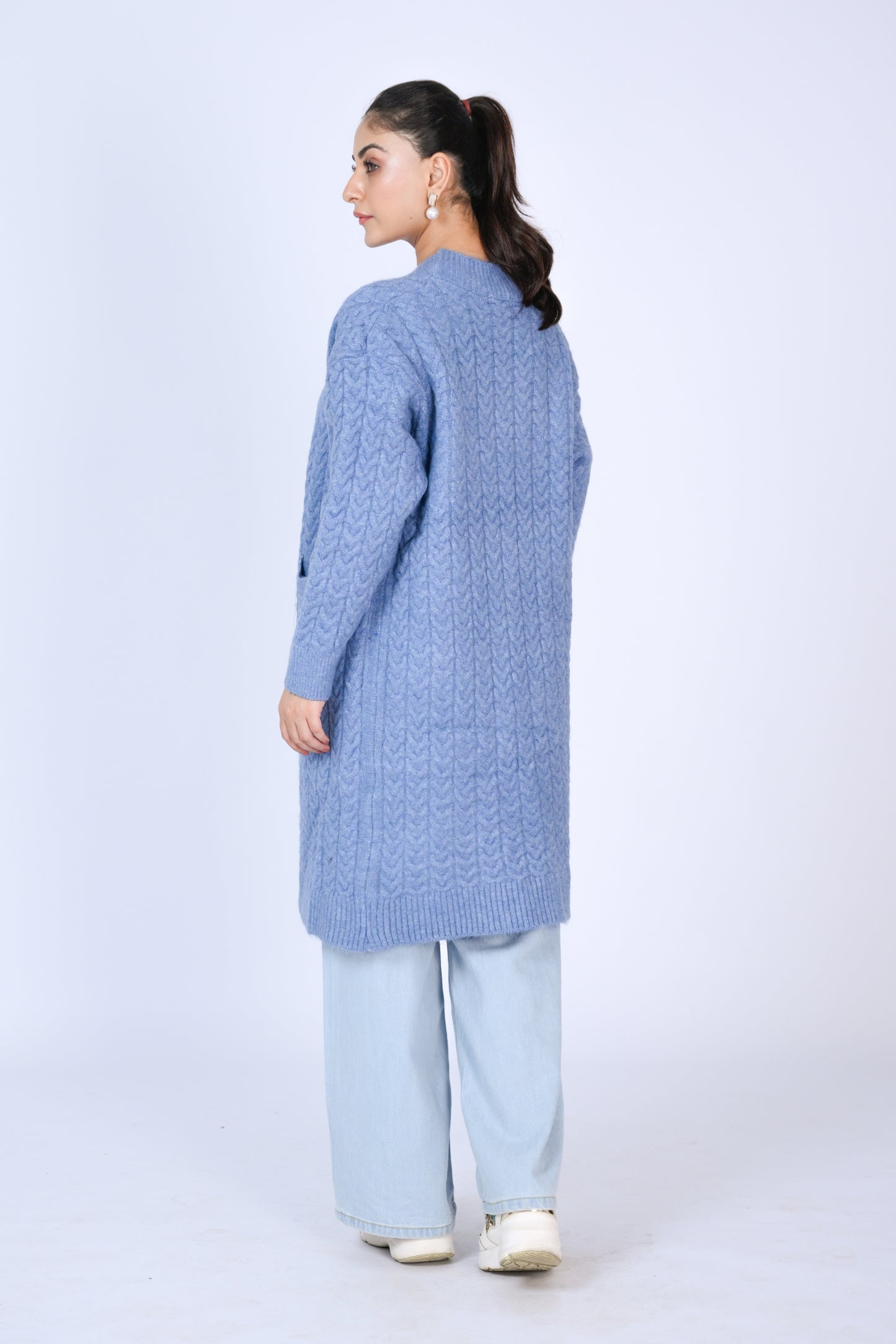 Longline Cable Knit Cardigan with Buttons in Sky Blue Reality