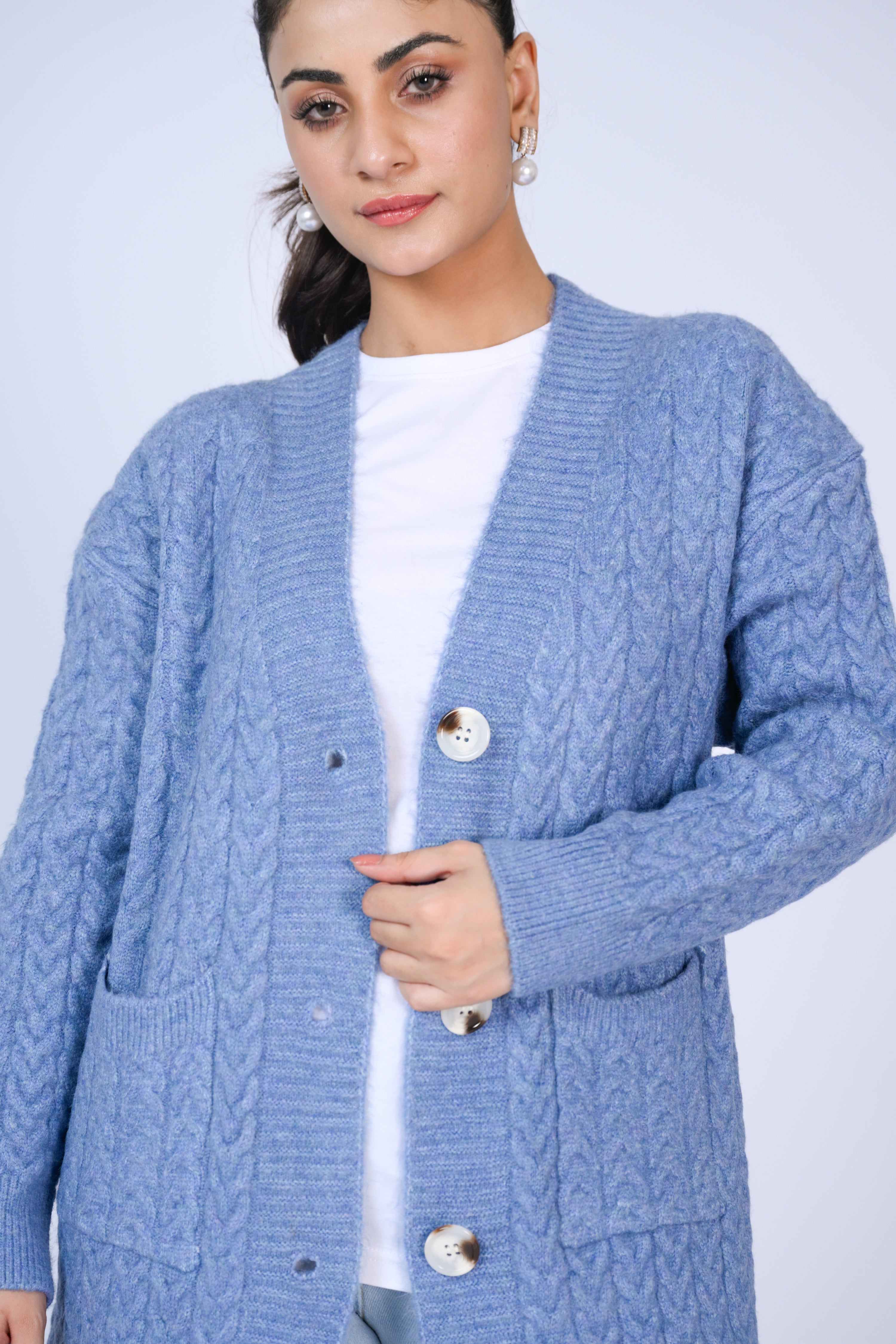Longline Cable Knit Cardigan with Buttons in Sky Blue Reality