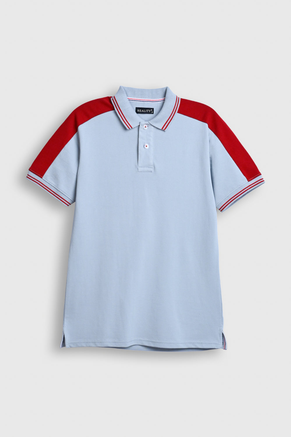 Men’s Light Blue Polo Shirt with Red Shoulder Panels Reality