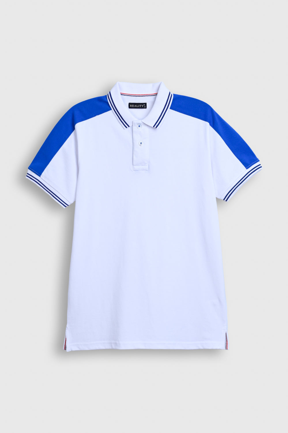 Men’s White Polo Shirt with Royal Blue Shoulder Panels Reality