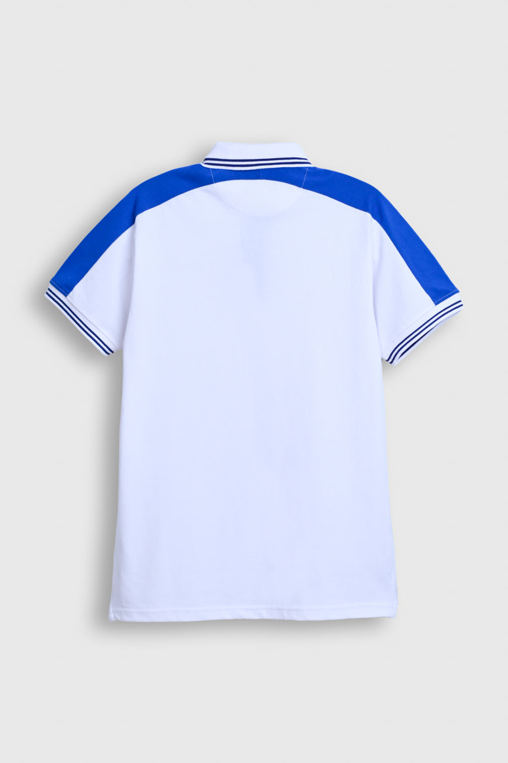 Men’s White Polo Shirt with Royal Blue Shoulder Panels Reality