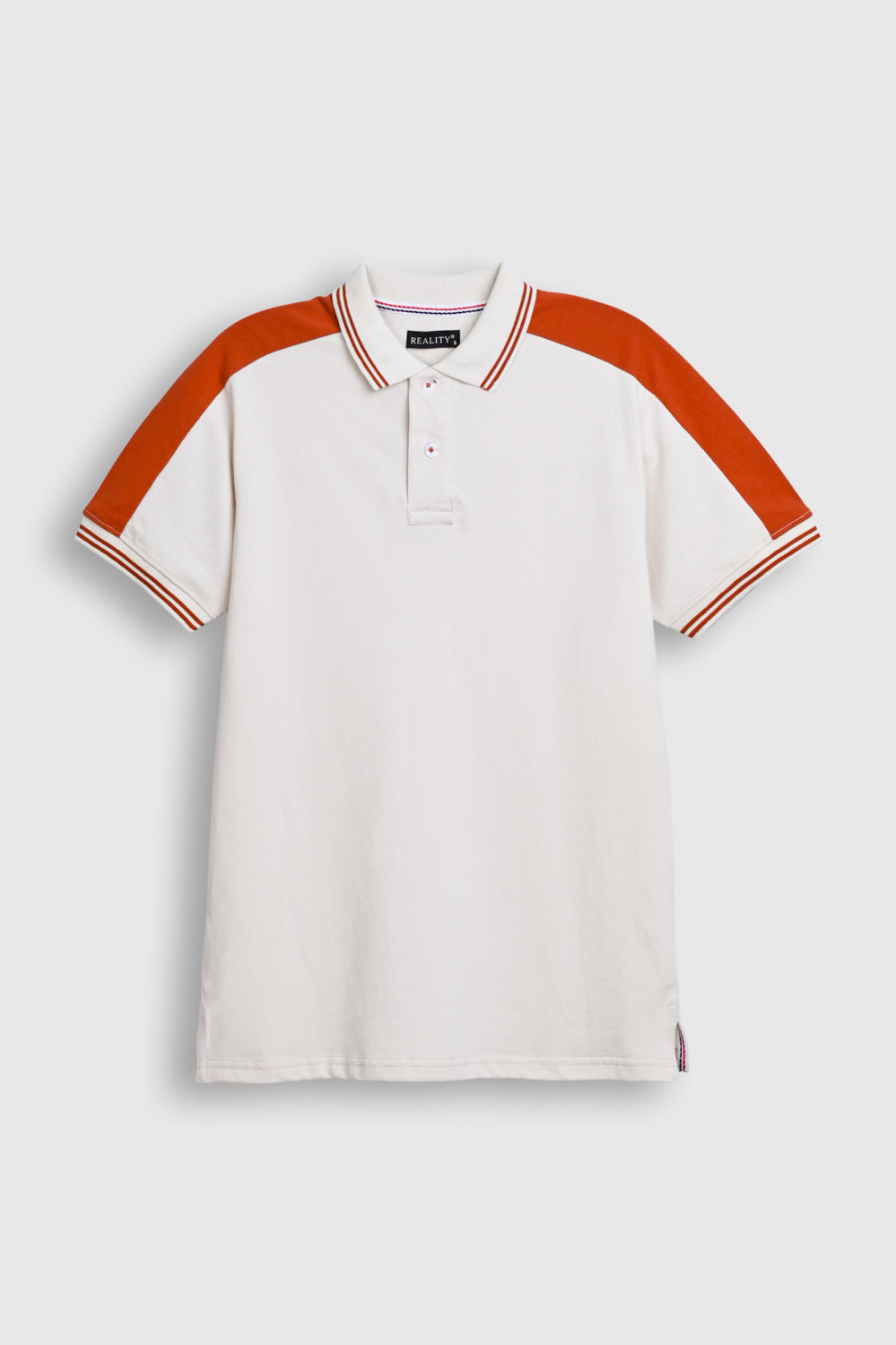 Men’s Off-White Polo Shirt with Rust Shoulder Panels Reality