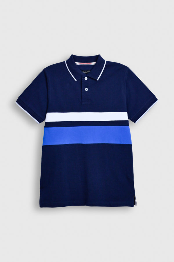 Men’s Navy Blue Colorblock Polo Shirt – Blue & White Stripes Reality