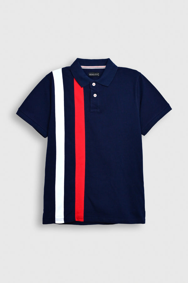 Men Navy Blue Polo Shirt with Red and White Vertical Stripes Reality