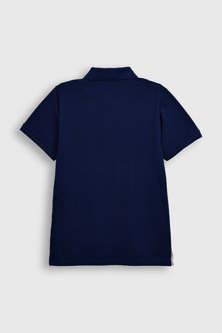 Men Navy Blue Polo Shirt with Red and White Vertical Stripes Reality