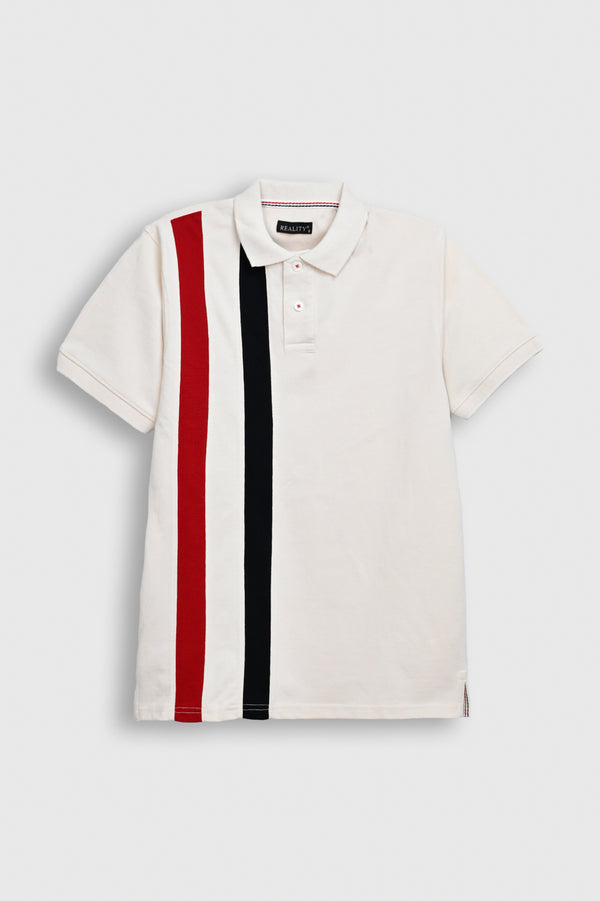 Men White Polo T-Shirt with Red and Black Side Stripes Reality