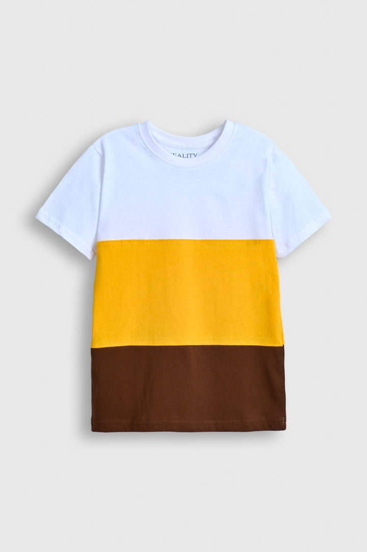 Boys' Triple Tone Color Block T-Shirt – White, Yellow & Brown Reality