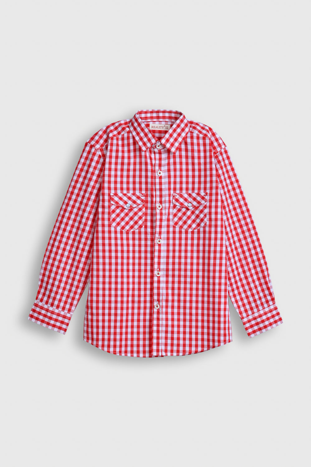 Boys' Red & White Gingham Check Shirt – Full Sleeves with Twin Chest Pockets Reality