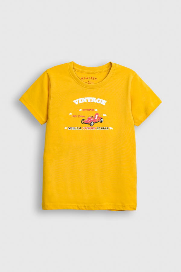 Yellow Boy T-Shirt with Vintage Sports Car Print – 1983 Special Custom Engine Edition Reality