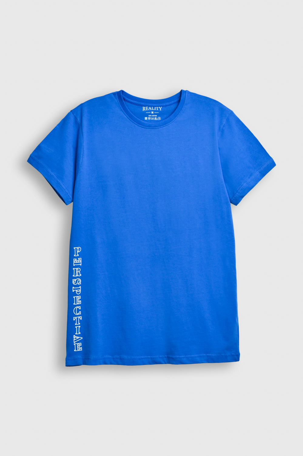 Reality Men's Blue Cotton T-Shirt – Bold 'PERSPECTIVE' Vertical Side Print Reality