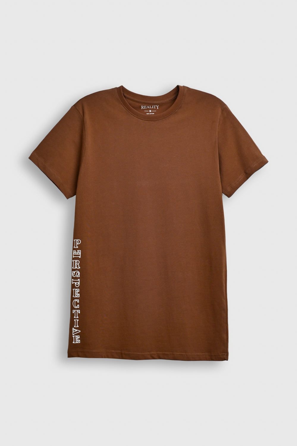 Reality Men's Brown Graphic T-Shirt – Cotton Crew Neck with Vertical 'PERSPECTIVE' Print Reality