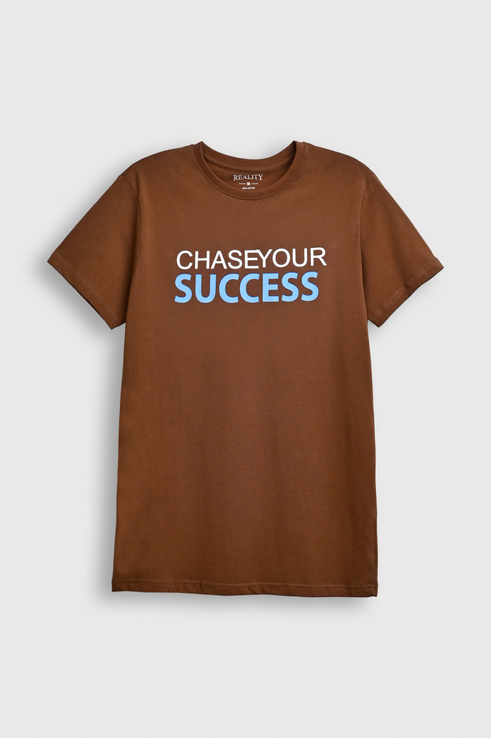 Chase Your Success Tee – Earthy Brown with Bold Blue Motivation Reality