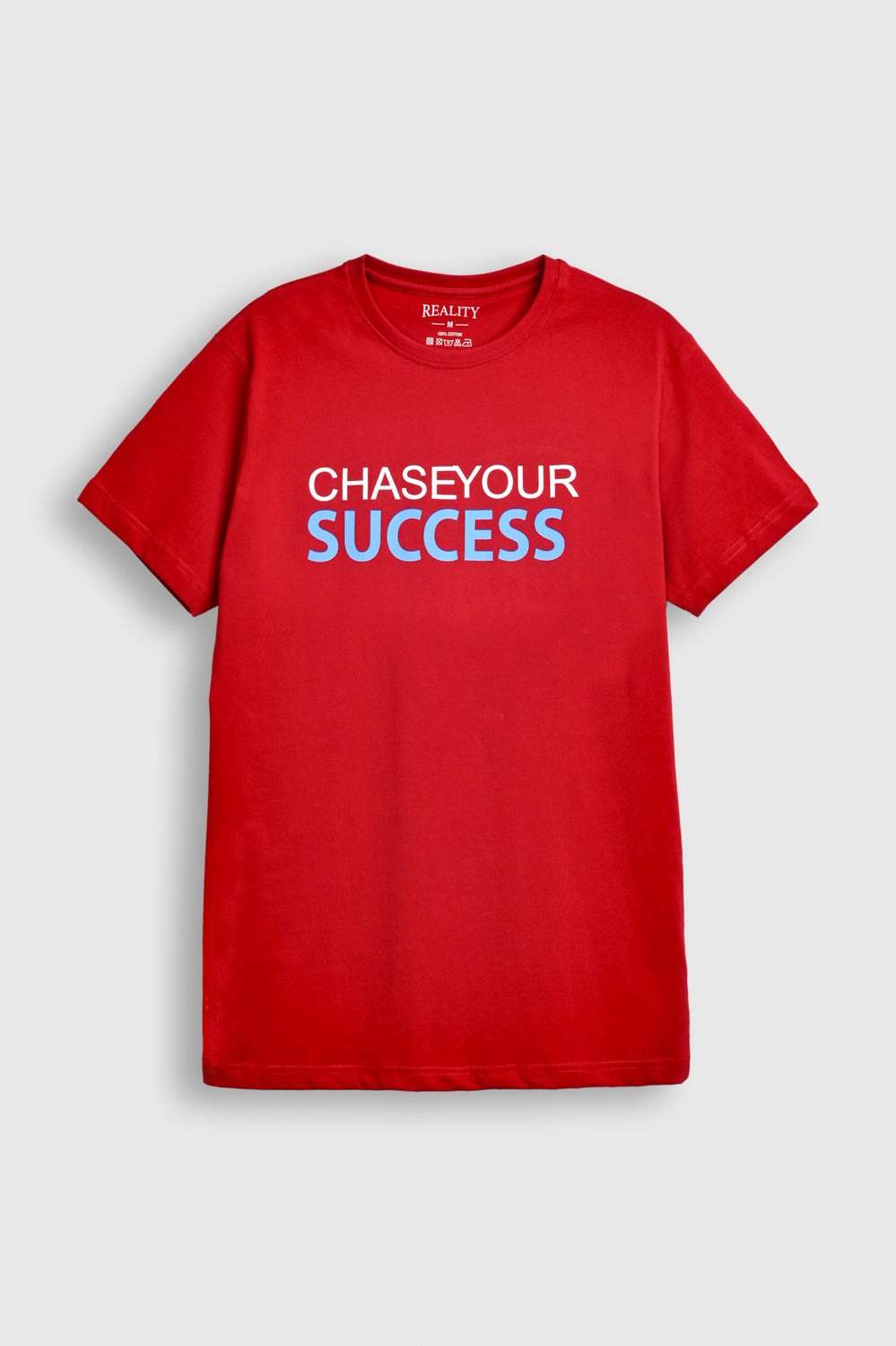 Chase Your Success Tee – Motivational Red with Bold Blue Statement Reality