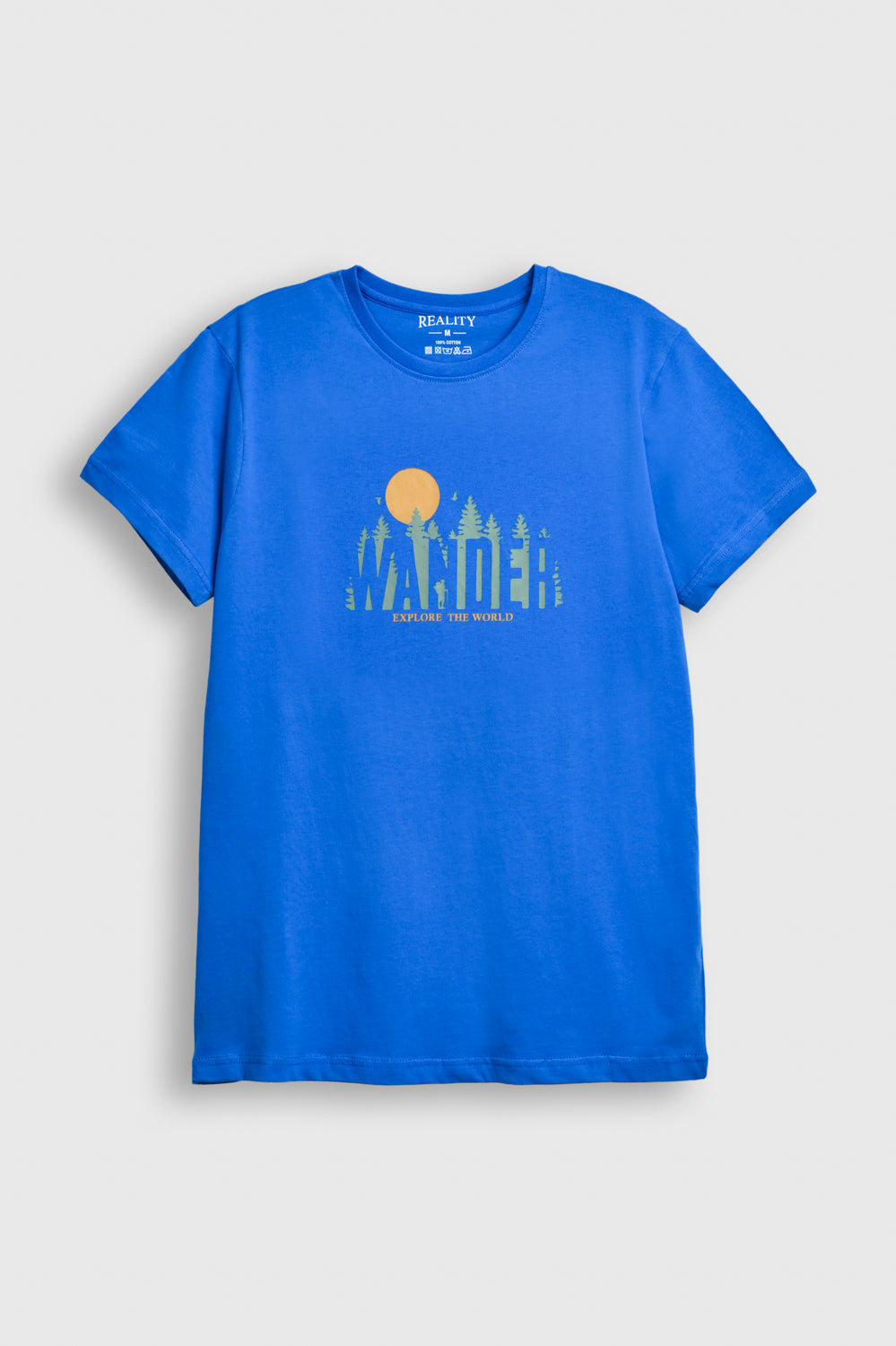 Men’s Blue Wander Graphic T-Shirt – Explore the World Print by Reality Reality